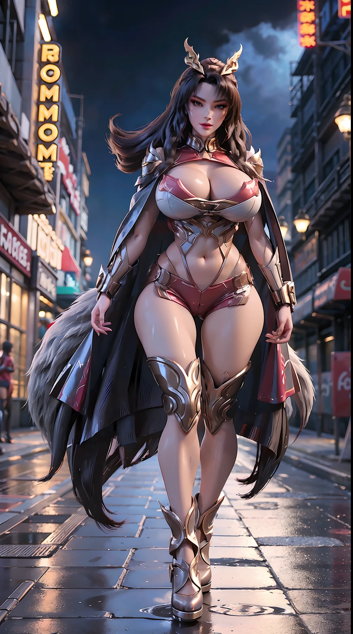 1GIRL, SOLO, COQUETTE, (fox head), (WET HUGE FAKE BOOBS:1.3), (STREET CITY BACKGROUND), (FUTURISTIC RED FOX QUEEN MECHA CROP TOP, ROYAL CAPE, CLEAVAGE:1.2), (SKINTIGHT YOGA HOTPANTS, HIGH HEELS:1.2), (PERFECT BODY, FULL BODY VIEW:1.5), (LOOKING AT VIEWER), (WALKING DOWN:1.2), MUSCLE ABS:1.3, ULTRA HIGHT DEFINITION, 8K, 1080P.