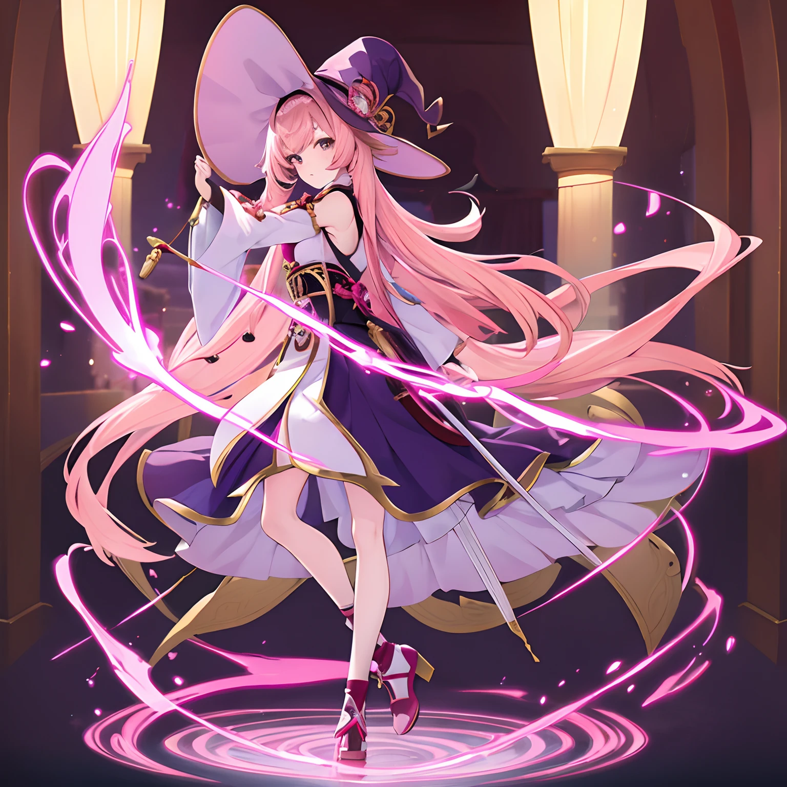 Genshin, teen girl, light pink hair, brown eyes, pale skin, fair skin, witch hat, pink theme, full body, curtain bangs, long hair, Genshin official art