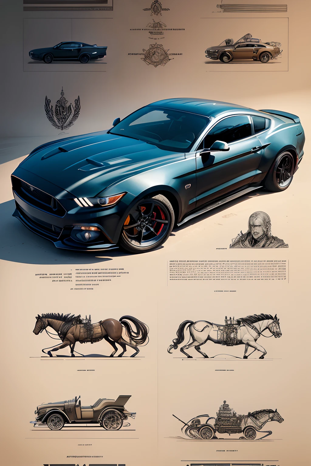 Anatomical illustration of a Ford Mustang cobra , Poster of mechanical drawings, grabado, alto detalle, illustration, cartel, DarkFantasy