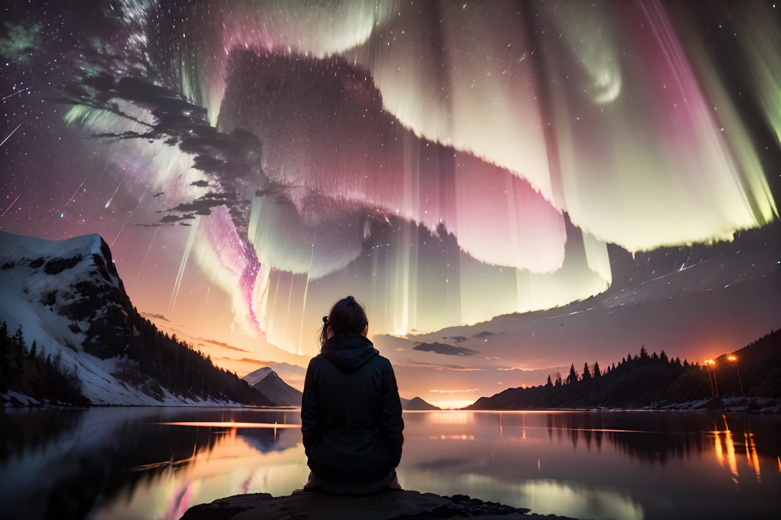 Best quality night time, mountainous landscape, green+purple aurora on the sky, silhouette of a female watching the landscape, taken from a distance, (Midnight:2), (no sun:2),