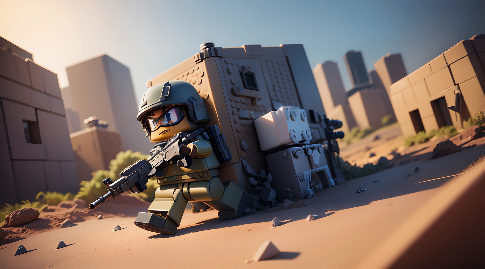 (Isometric perspective: 1.5), (Pixar style: 1.2)Cute weapon 3D artwork,(lego guy running holding gun), m4a1 rifle gun, camouflaged,LEGO style, ((high poly)), blender, OC renderer, dribble high detail 8k, studio lighting --v 6