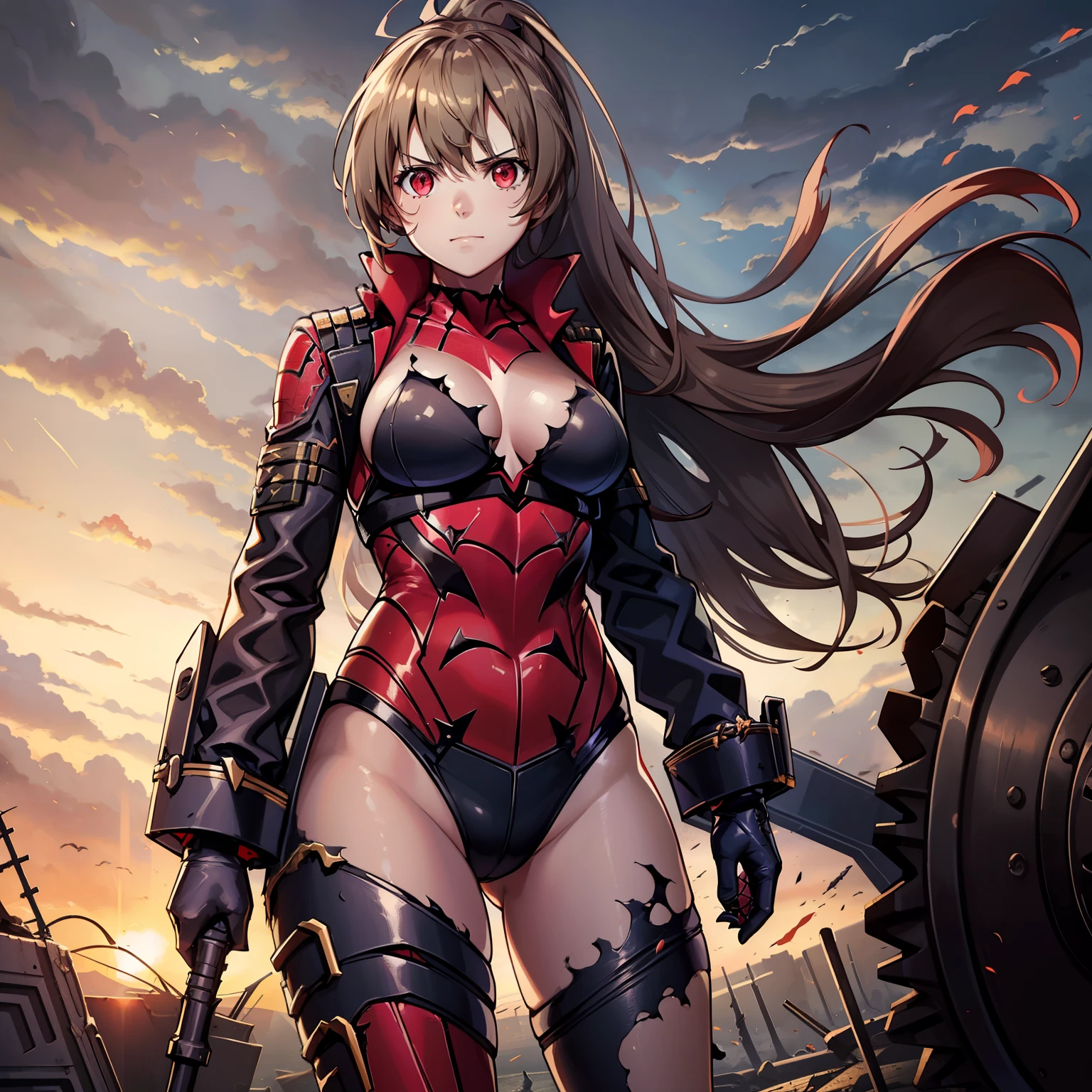 1girl,big breasts,standing in ruined city,(8k),scratches,detailed face,light brown hair,red eyes,long hair,embarassed,small smile face,high_res, high_definition,the battlefield,Heroic pose,dark suit,ponytail,pirate sword, (symbiote spider man Custome:1.1),