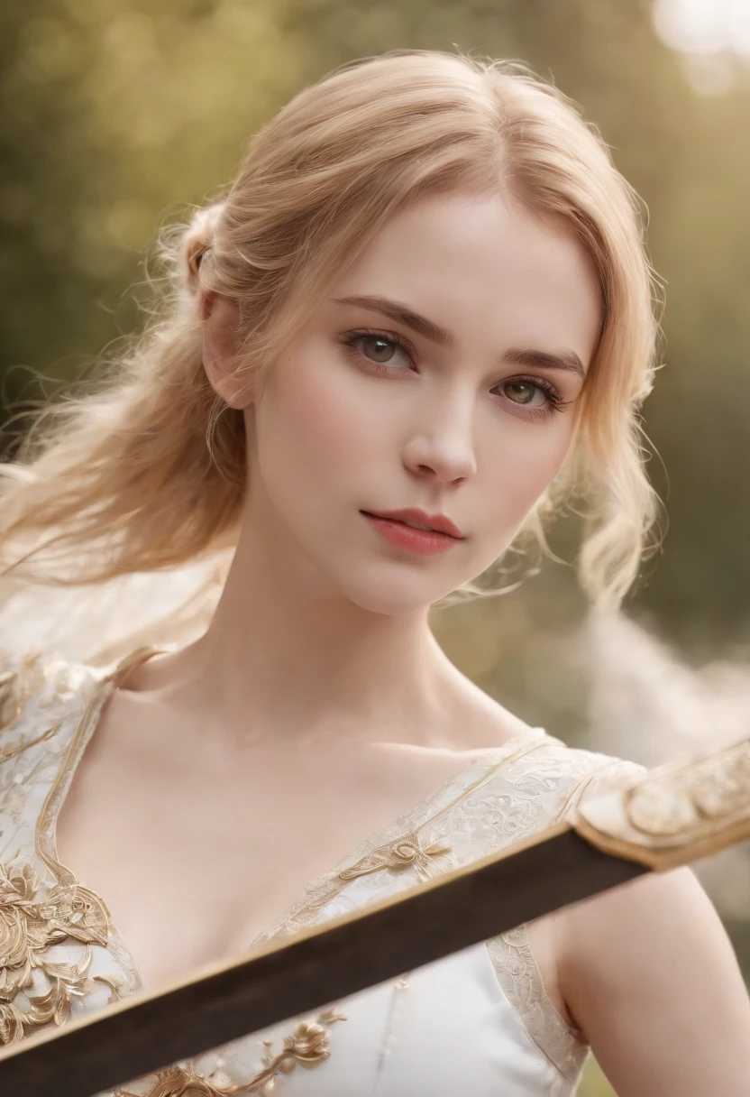 ((best quality)), ((masterpiece)), ((realistic)), anime character, Ais Wallenstein, wearing armor, white dress underwear, sweet look, in hand holding a samurai sword, beautiful young woman, blonde, yellow eyes, in combat position, looking at the viewer, in the background a large castle, original, extremely detailed 8K, (photorealistic: 1.4), full body,