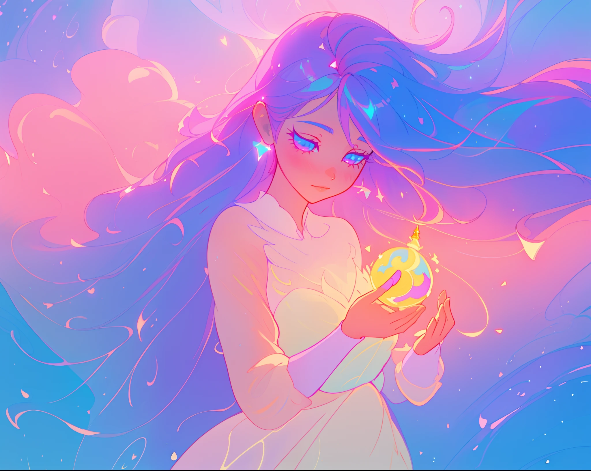 beautiful girl holding a glowing golden light, beautiful anime girl in flowing white dress, vibrant pastel colors, (colorful), pink purple blue theme, magical lights, colorful long hair made of liquid light, sparkling lines of light, inspired by Glen Keane, inspired by Lois van Baarle, disney art style, by Lois van Baarle, glowing aura around her, by Glen Keane, jen bartel, glowing lights! digital painting, flowing glowing hair, glowing flowing hair, beautiful digital illustration, fantasia background, whimsical, magical, fantasy, beautiful face, ((masterpiece, best quality)), intricate details, highly detailed, sharp focus, 8k resolution, sparkling detailed eyes, liquid watercolor