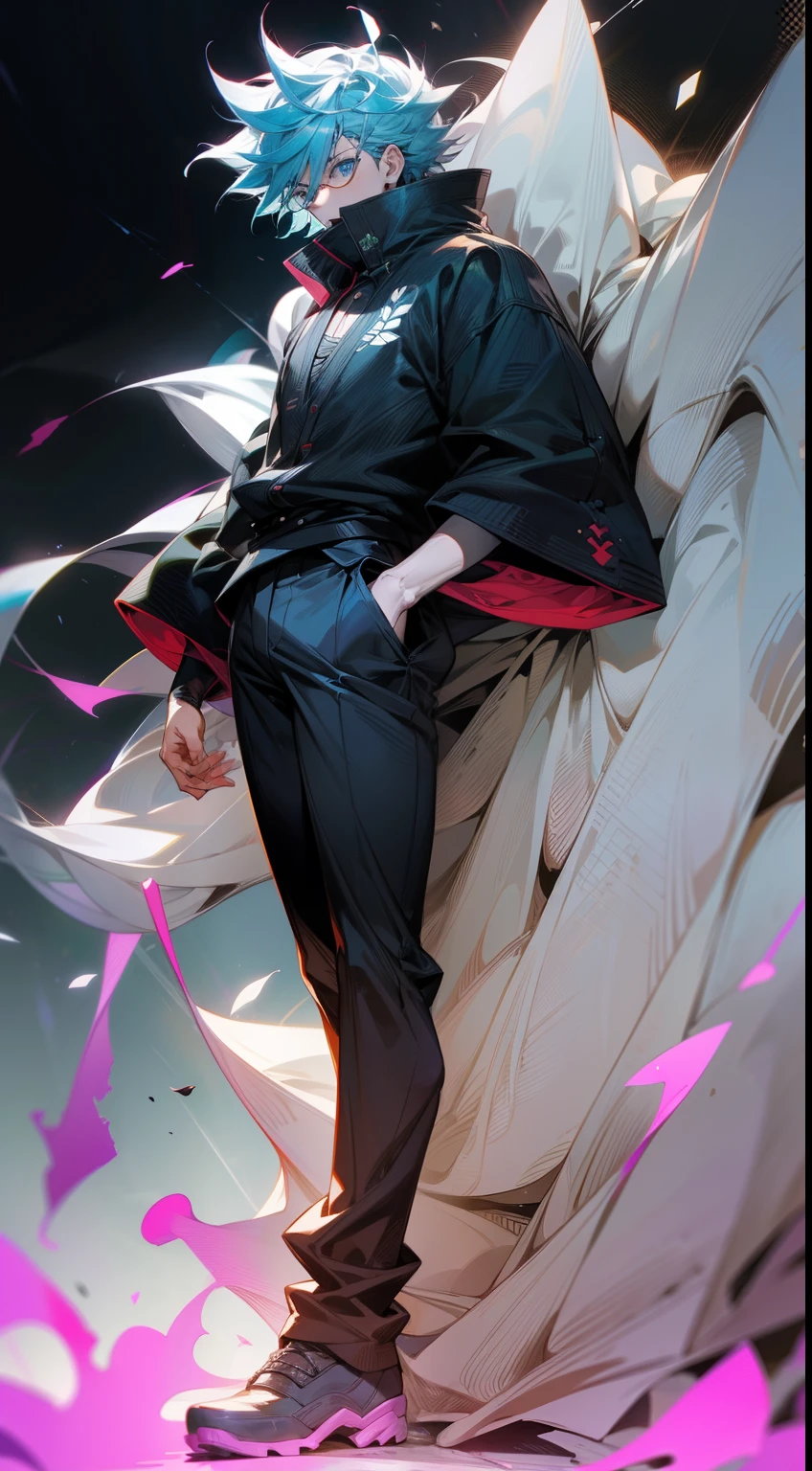 masterpiece, best quality, 1boy, (gojo), jujutsu kaisen, short hair, white hair, Blue eyes, black clothes, sun glasses, standing, domain expansion, aura power, night, natural light,standing, male focus, tall guy, ling legs, thin body, tigh clothes, jujutsu kaisen clothes, movie composition, deth of field, bokeh, (futuristic), (full body)