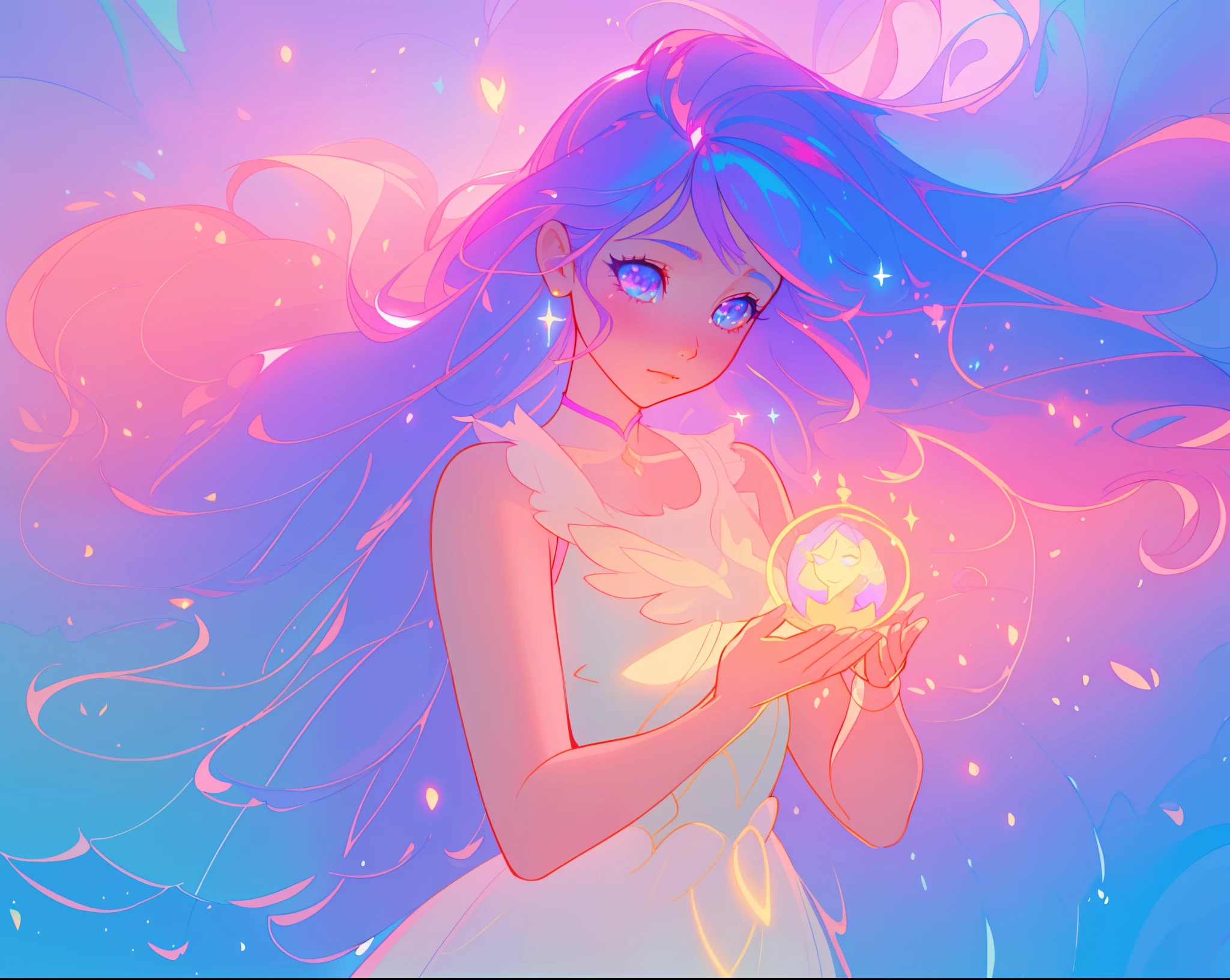 beautiful girl holding a glowing golden light, beautiful anime girl in flowing white dress, vibrant pastel colors, (colorful), pink purple blue theme, magical lights, colorful long hair made of liquid light, sparkling lines of light, inspired by Glen Keane, inspired by Lois van Baarle, disney art style, by Lois van Baarle, glowing aura around her, by Glen Keane, jen bartel, glowing lights! digital painting, flowing glowing hair, glowing flowing hair, beautiful digital illustration, fantasia background, whimsical, magical, fantasy, beautiful face, ((masterpiece, best quality)), intricate details, highly detailed, sharp focus, 8k resolution, sparkling detailed eyes, liquid watercolor