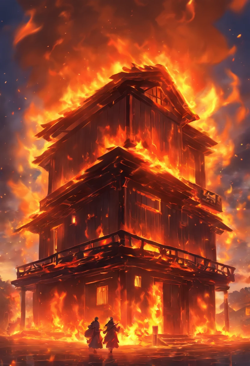 (((House on Fire))) best quality, ultra-high resolution, 4K detailed CG, masterpiece, house, on fire, fire, Celts, Celtic mythology, ((House)), Celtic image, aesthetic, centered on screen