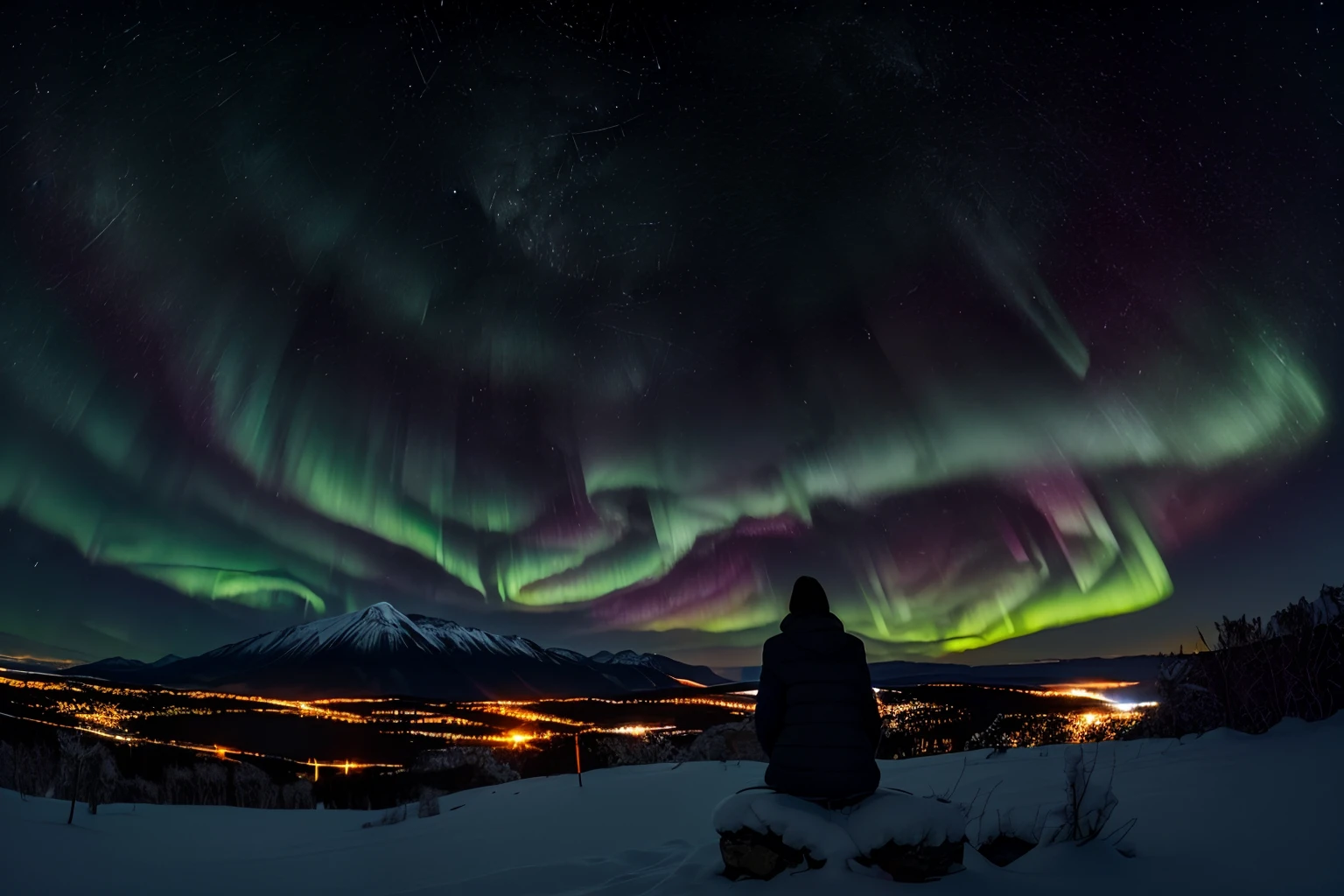 Best quality night time, mountainous landscape, aurora on the sky, silhouette of a female watching the landscape, taken from a distance, (Midnight:2), (no sun:2),