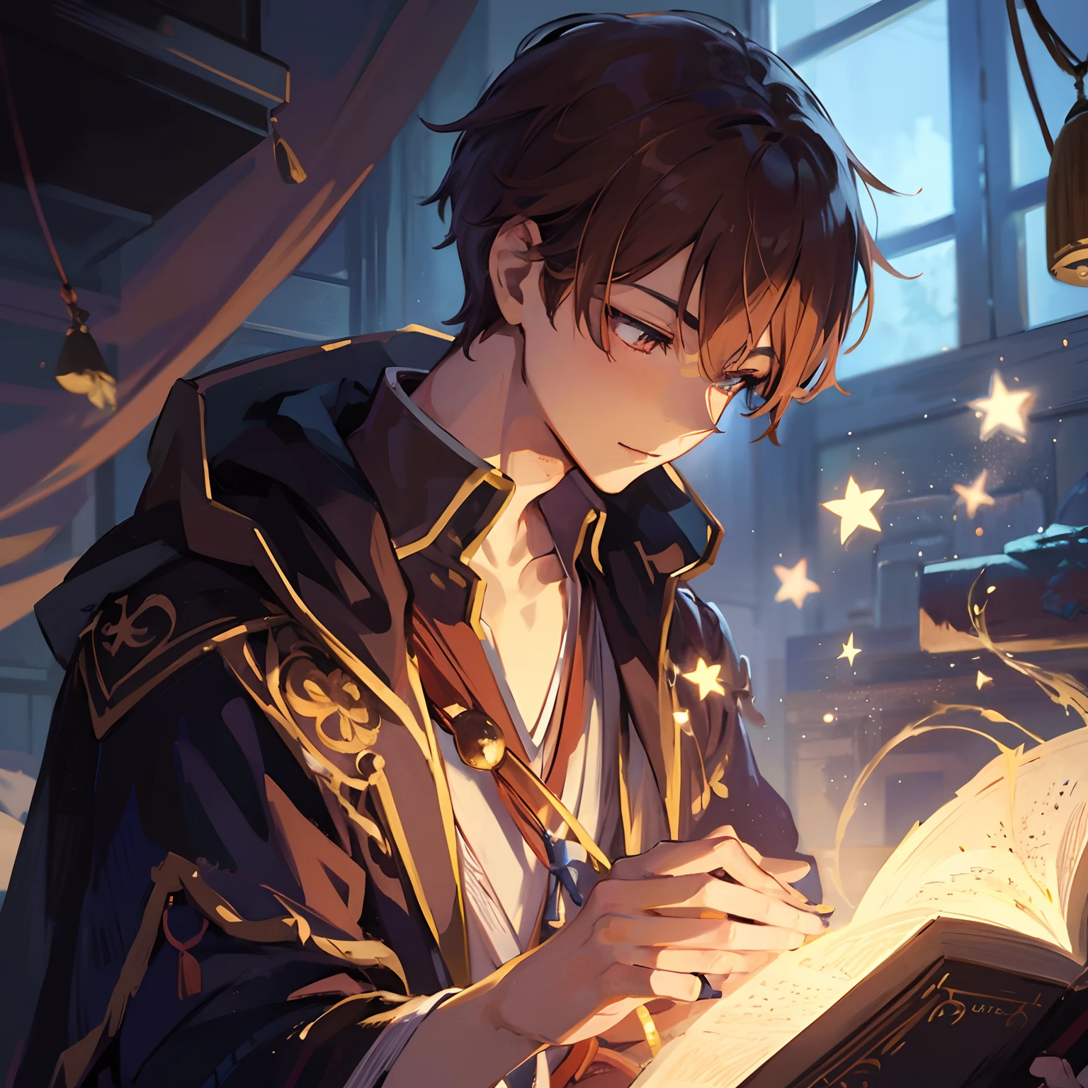 Japanese anime, beautiful young man, chestnut color, short hair, wizard clothes, reading glowing magic picture books, room at night,high quality, amount of drawing, pixiv illustration
