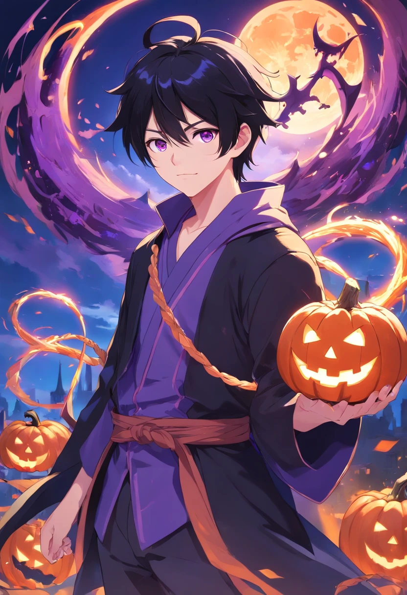 Black-haired mage, purple-eyed male and sickle,in a halloween style,