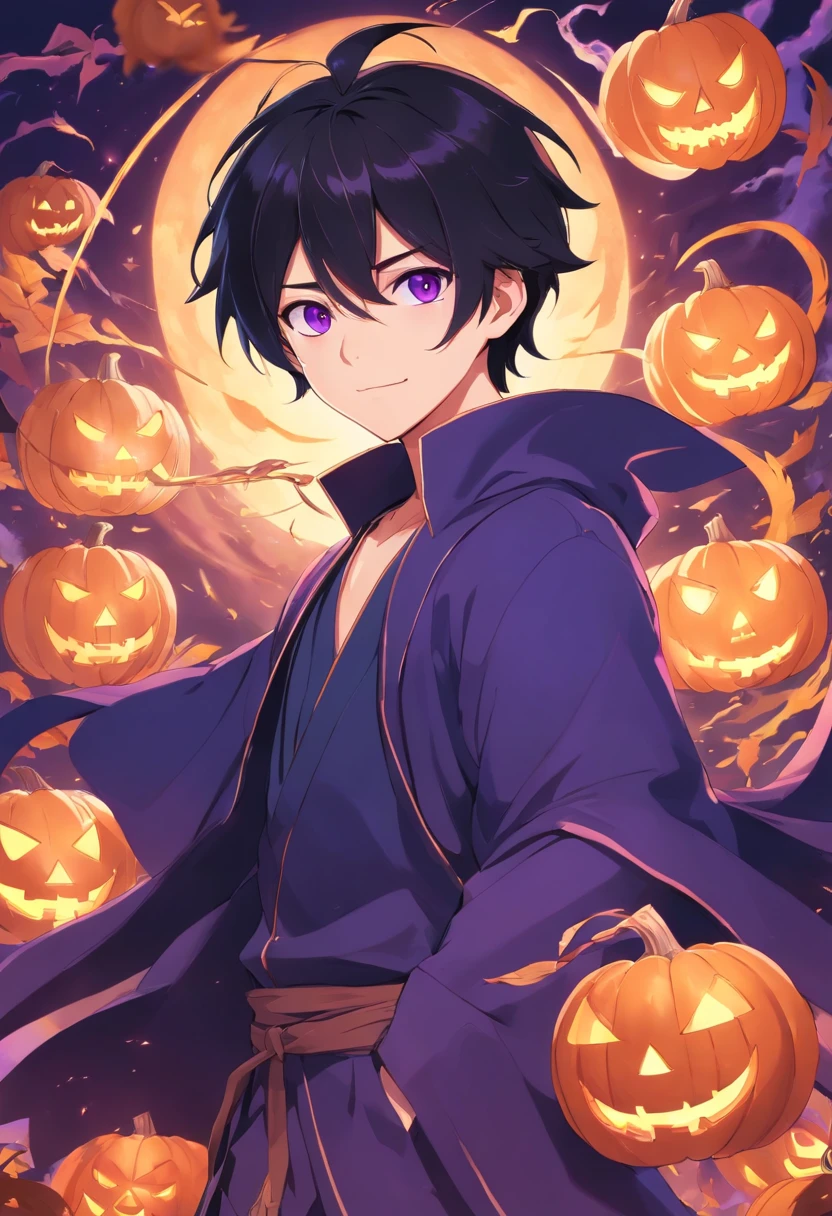 Black-haired mage, purple-eyed male and sickle,in a halloween style,