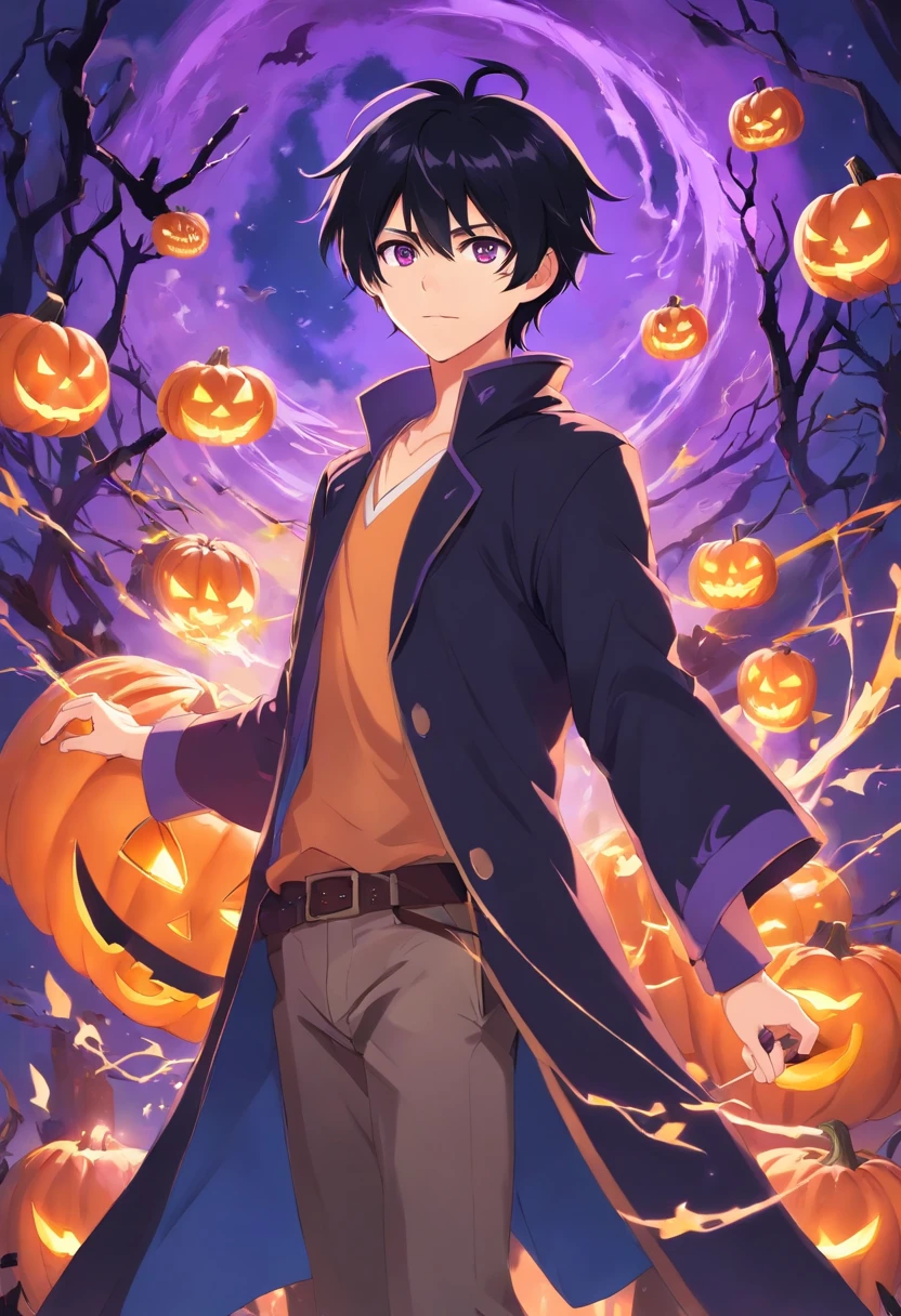 Black-haired mage, purple-eyed male and sickle,in a halloween style,