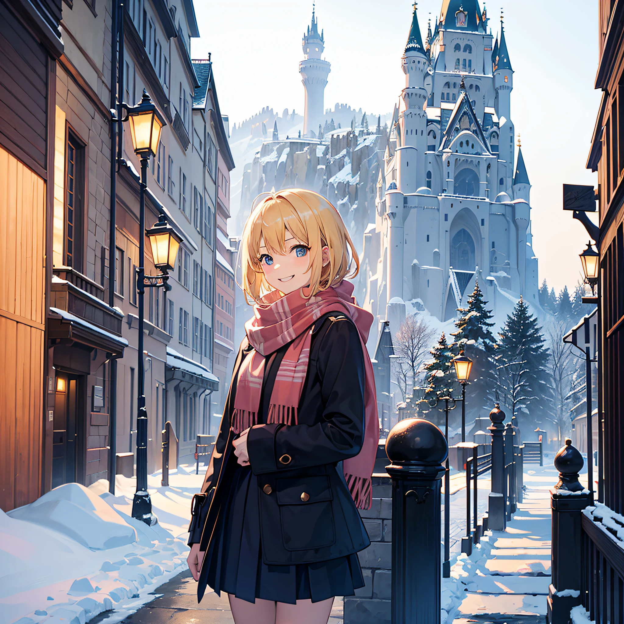 masutepiece, 1 girl, Smiling, European, Winter coat, scarf, Skirt, (Small) Chiller Rhythm, short blonde hair, Neuschwanstein Castle