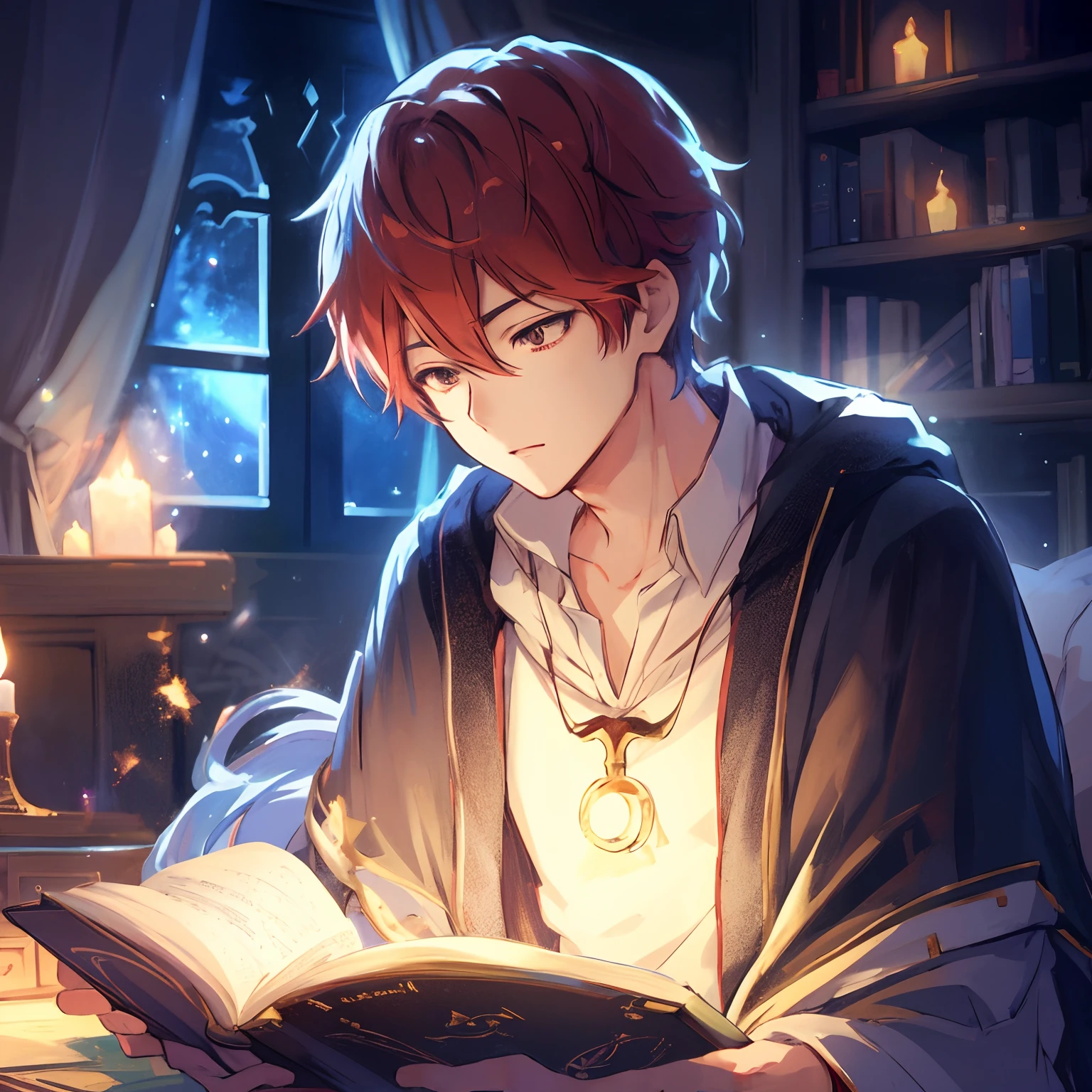 Anime boy reading a book in a dark room with candles, High quality anime art style, young wizard, artwork in the style of guweiz, young anime man, Anime Boy, anime wallaper, digital anime illustration, 4k anime wallpaper, anime lighting, Anime. Soft lighting, Magical atmosphere, infinite celestial library, handsome guy in demon slayer art