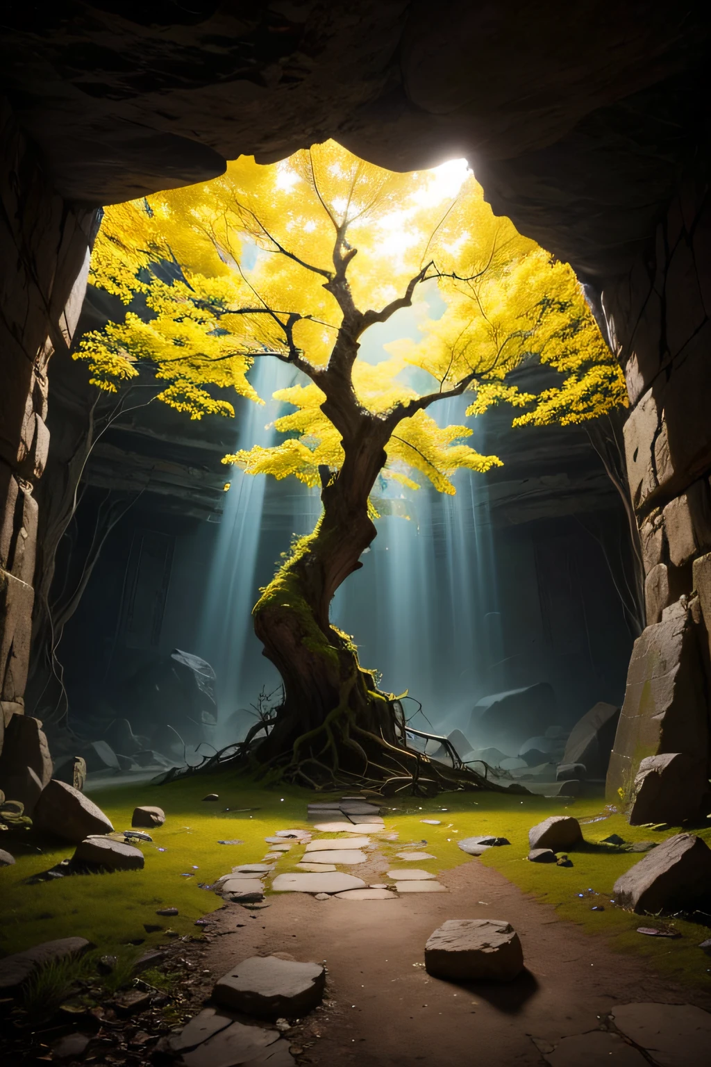 There is a tree inside the dilapidated stone cave,Shines golden,An ancient tree that glows yellow,at centre,shock,big vista