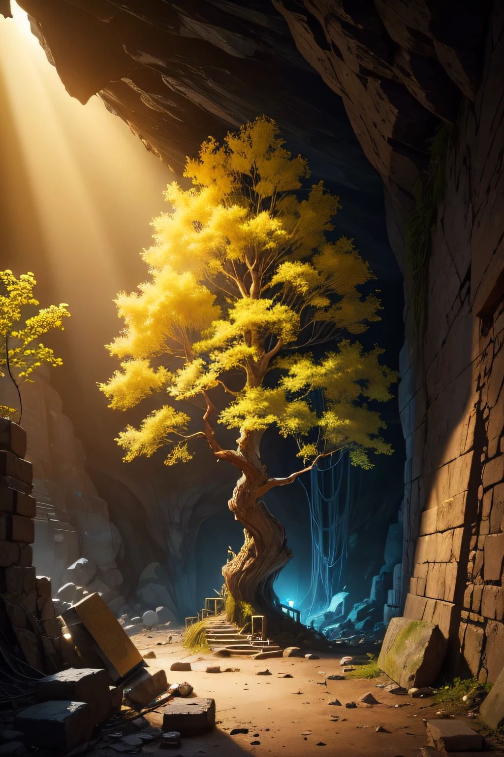 There is a tree inside the dilapidated stone cave,Shines golden,An ancient tree that glows yellow,at centre,shock,big vista