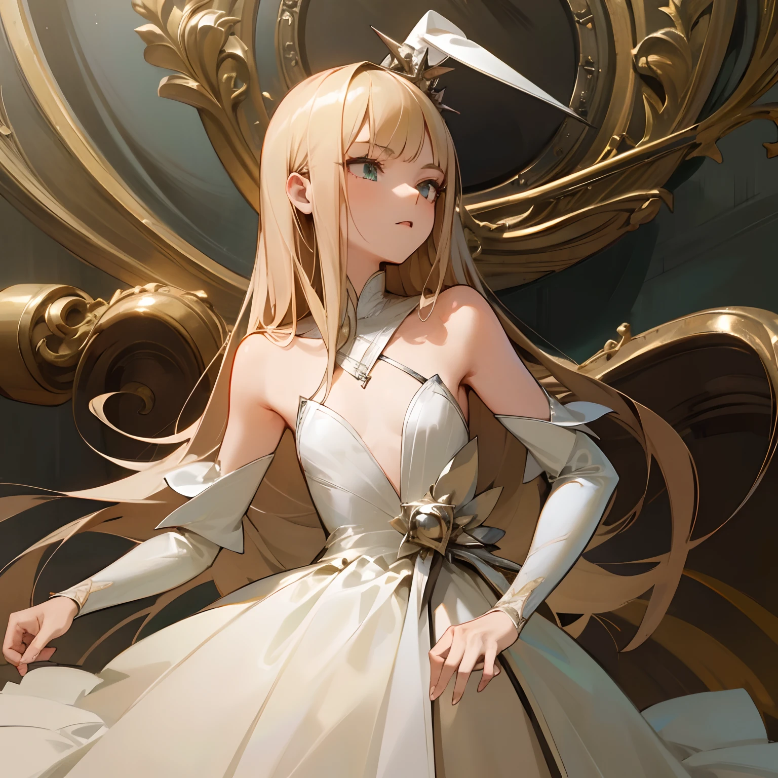 Reines, 1girl, high quality, best quality, illustration, masterpiece, (highly detailed:1.2), (extremely detailed:1.3), flat chest, bare shoulders, pastor's clothes, young girl, dress,