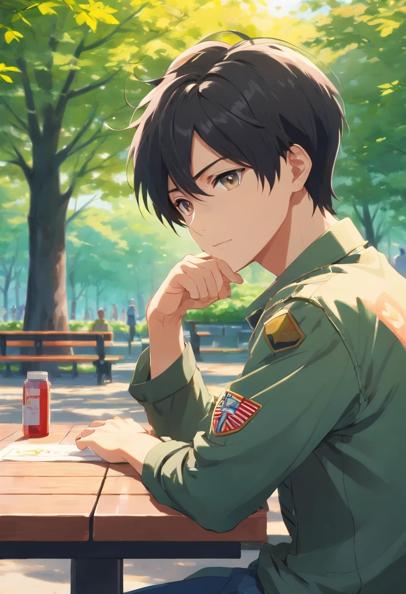 "Young man, black hair cut in a military style, fair complexion, his right eye is red while the left one is white, he has a pronounced scar that runs from below the left eye to the crown of his head. He has a serious expression, wears an earring in his right ear, dons casual clothing, and is seated on a wooden table in a park during midday. Use contrasting lighting effects to make the man stand out."
