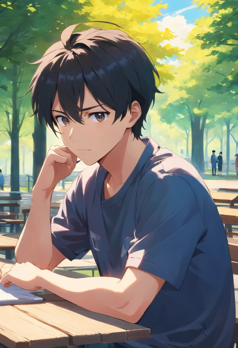"Young man, black hair cut in a military style, fair complexion, his right eye is red while the left one is white, he has a pronounced scar that runs from below the left eye to the crown of his head. He has a serious expression, wears an earring in his right ear, dons casual clothing, and is seated on a wooden table in a park during midday. Use contrasting lighting effects to make the man stand out."