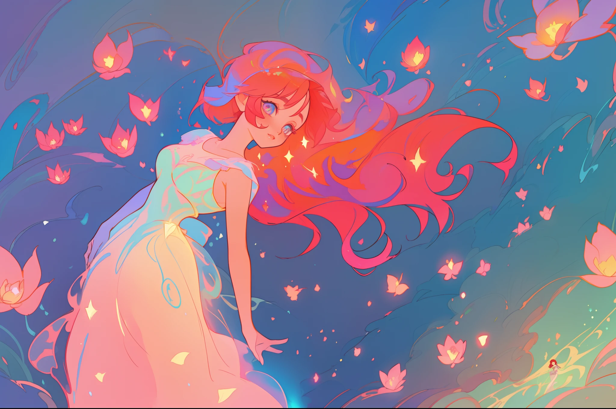 beautiful anime girl in white princess ballgown, vibrant pastel colors, (colorful), magical lights, flowing long red hair, sparkling lines of light, inspired by Glen Keane, inspired by Lois van Baarle, disney art style, by Lois van Baarle, glowing aura around her, by Glen Keane, jen bartel, glowing lights! digital painting, flowing glowing hair, glowing flowing hair, beautiful digital illustration, fantasia background, whimsical, magical, fantasy, beautiful face, ((masterpiece, best quality)), intricate details, highly detailed, sharp focus, 8k resolution, sparkling detailed eyes, liquid watercolor, otherworldly plants and landscape, colorful landscape, colorful plants