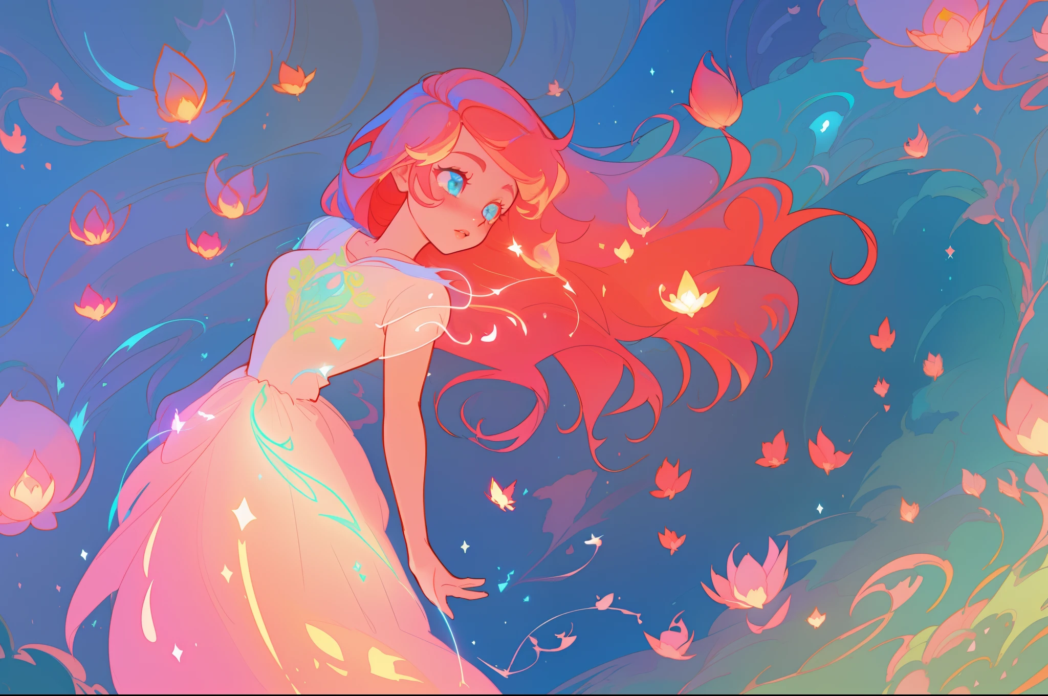 beautiful anime girl in white princess ballgown, vibrant pastel colors, (colorful), magical lights, flowing long red hair, sparkling lines of light, inspired by Glen Keane, inspired by Lois van Baarle, disney art style, by Lois van Baarle, glowing aura around her, by Glen Keane, jen bartel, glowing lights! digital painting, flowing glowing hair, glowing flowing hair, beautiful digital illustration, fantasia background, whimsical, magical, fantasy, beautiful face, ((masterpiece, best quality)), intricate details, highly detailed, sharp focus, 8k resolution, sparkling detailed eyes, liquid watercolor, otherworldly plants and landscape, colorful landscape, colorful plants