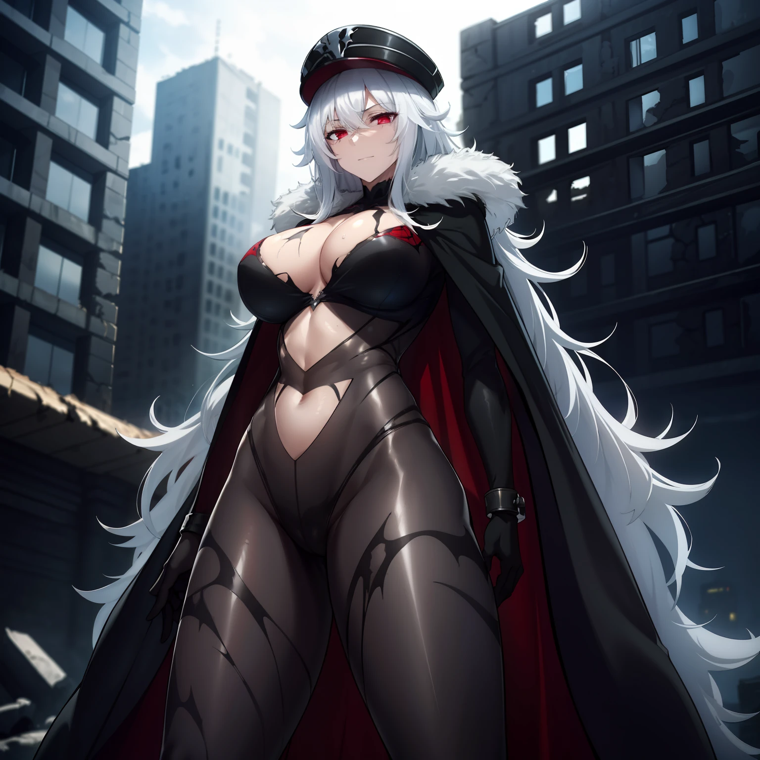 1girl,gigantic breasts,standing in ruined city,(8k),scratches,detailed face,white hair,red eyes,long hair,embarassed,small smile face,high_res, high_definition,the battlefield,Heroic pose,dark suit,military hat,black cape,(symbiote spider man Custome:1.1),