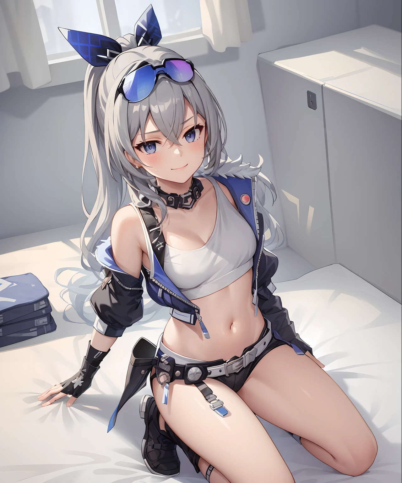 (masterpiece, photorealistic,best quality, extremely detailed CG,beautiful detailed eyes,ultra-detailed,intricate details,from above),fullbody,1girl,young,13 years old,young,long hair,metal hair,white hair,high bonytail,medium breasts,navel,sliver eyes,smirk,crown,blue sunglass on head,fingerless gloves,cyberpunk jacket), indoors, on bed, sweaty, kneeling