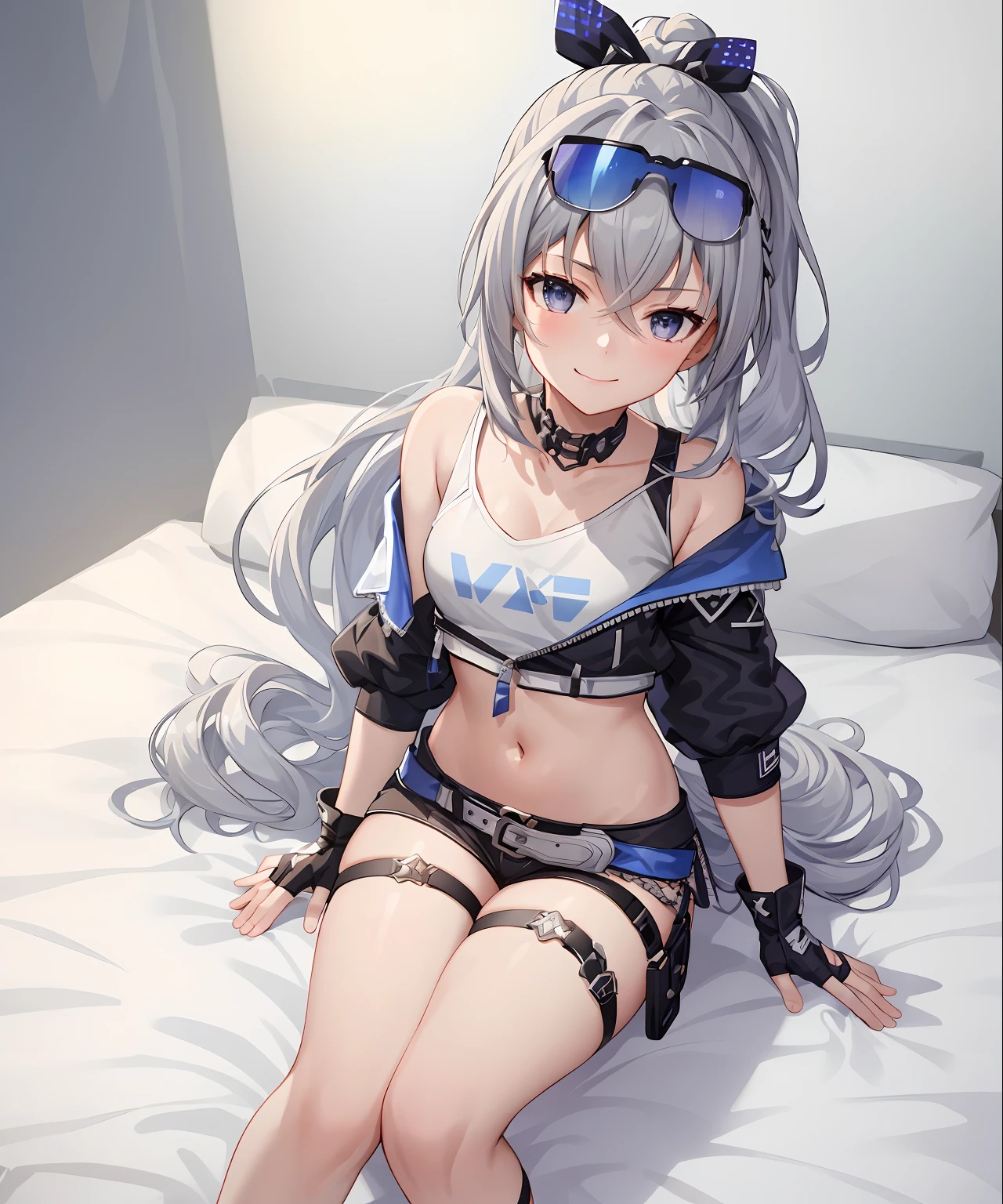 (masterpiece, photorealistic,best quality, extremely detailed CG,beautiful detailed eyes,ultra-detailed,intricate details,from above),fullbody,1girl,young,13 years old,young,long hair,metal hair,white hair,high bonytail,medium breasts,navel,sliver eyes,smirk,crown,blue sunglass on head,fingerless gloves,cyberpunk jacket), indoors, on bed, sweaty, kneeling