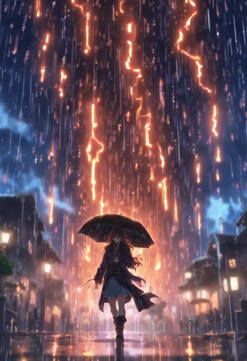 (((Rain))) best quality, ultra-high resolution, 4K detailed CG, masterpiece, house, burning, fire, Celts, Celtic mythology, ((Rain)), Celtic image, aesthetic, screen-centric