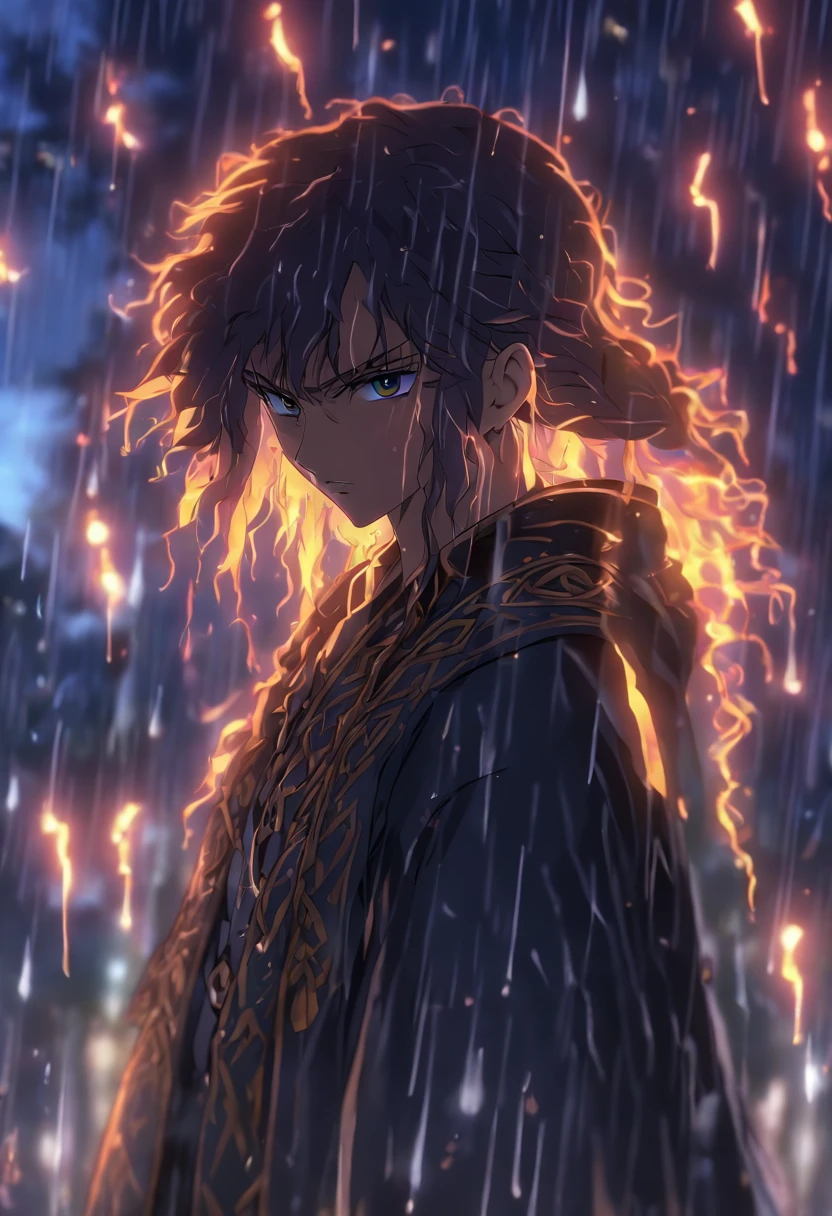 (((Rain))) best quality, ultra-high resolution, 4K detailed CG, masterpiece, house, burning, fire, Celts, Celtic mythology, ((Rain)), Celtic image, aesthetic, screen-centric