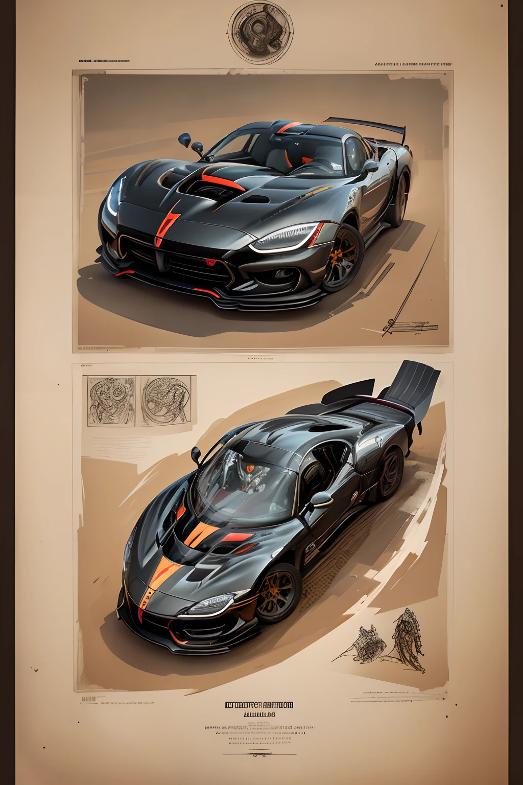 Anatomical illustration of a dodge viper , Poster of mechanical drawings, grabado, alto detalle, illustration, cartel, DarkFantasy