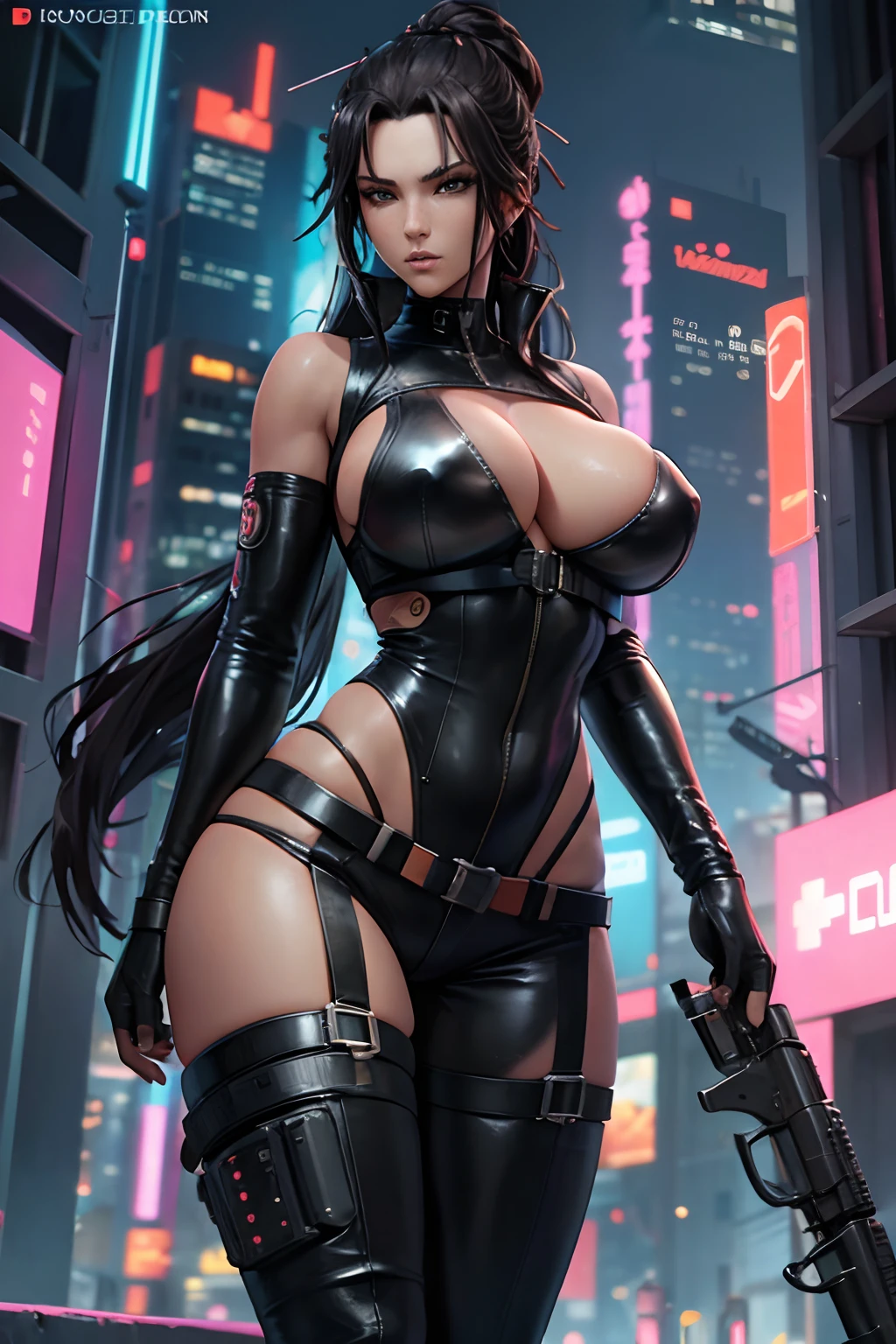 Cyberpunk, women, tight leather outfit large breast, cleavage, holding gun, ready for action, long flowing hair, futuristic city, extremely pretty, sexy, revealing outfit