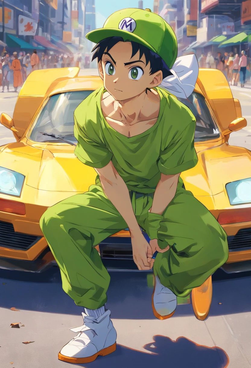 "Piccolo Dragon Ball Z, detalhado, wearing a cap and a yellow shirt, dirigindo um carro."