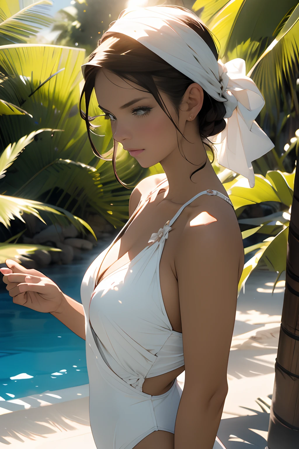Adult beautiful mexican woman, one piece white swimsuit, leaning towards camera, thoughtful feminine gaze, headband, pulled hair, oil painting by singer sargent, suzanna aye 8k