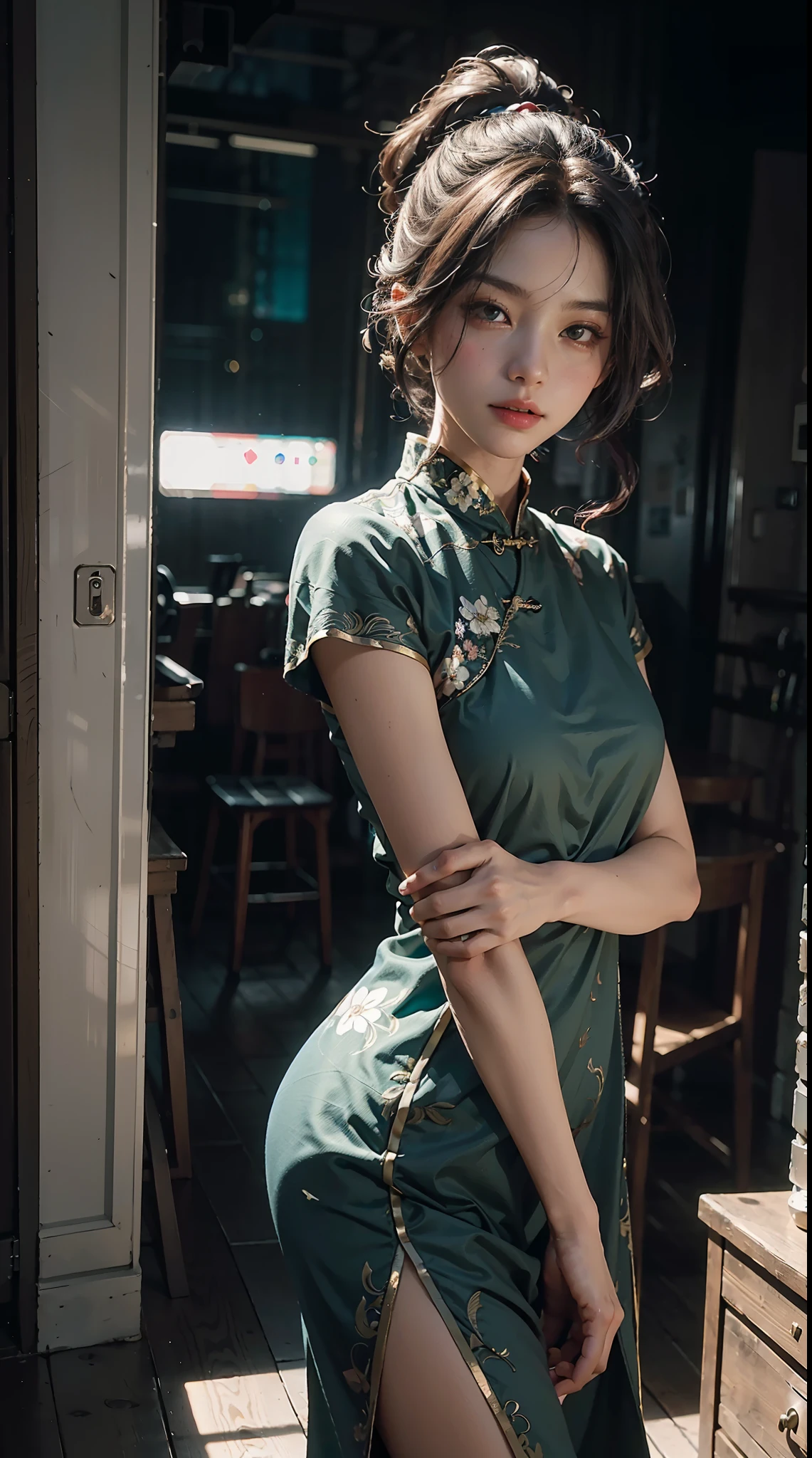 (Extreme Detail CG Unity 8K Wallpapers，tmasterpiece，Highest image quality)，(Delicate light and shadow，The picture is highly dramatic，Cinematic lens effect)，(A girl in a colorful costume)，(Rainbow color hair color)，From the Mars parallel universe，Wenger，Marvel，dynamicposes)，(Exceptional detail，The lighting effect is outstanding，Vista wide angle)，(Excellent rendering，Enough to stand out from the crowd)，The focus is on tight Chinese clothing，Intricate decorative flower texture