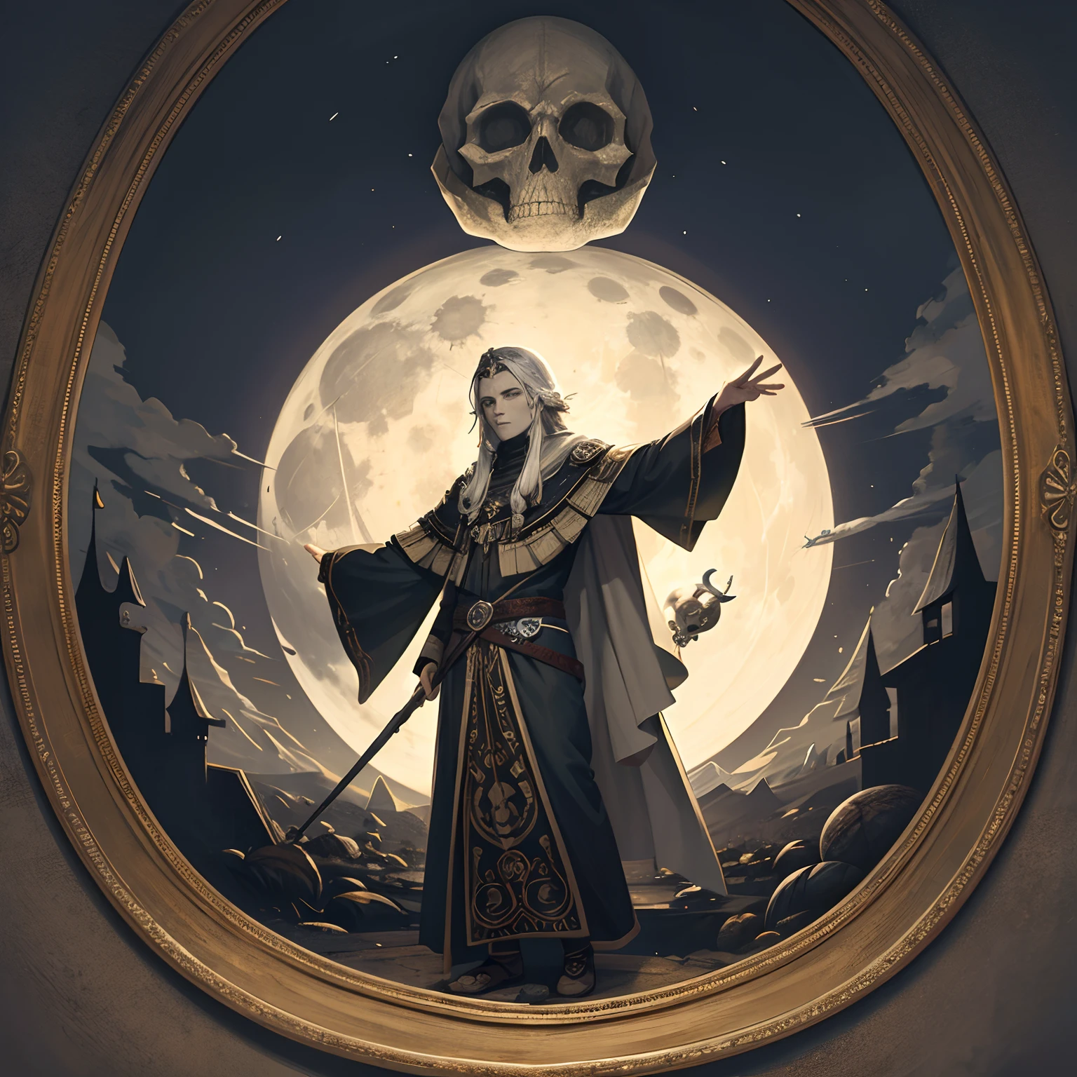 Ancient wizard, character dressed in printed tunic, large moon with a skull image cloudy landscape in the background, illustrations with Halloween symbolism