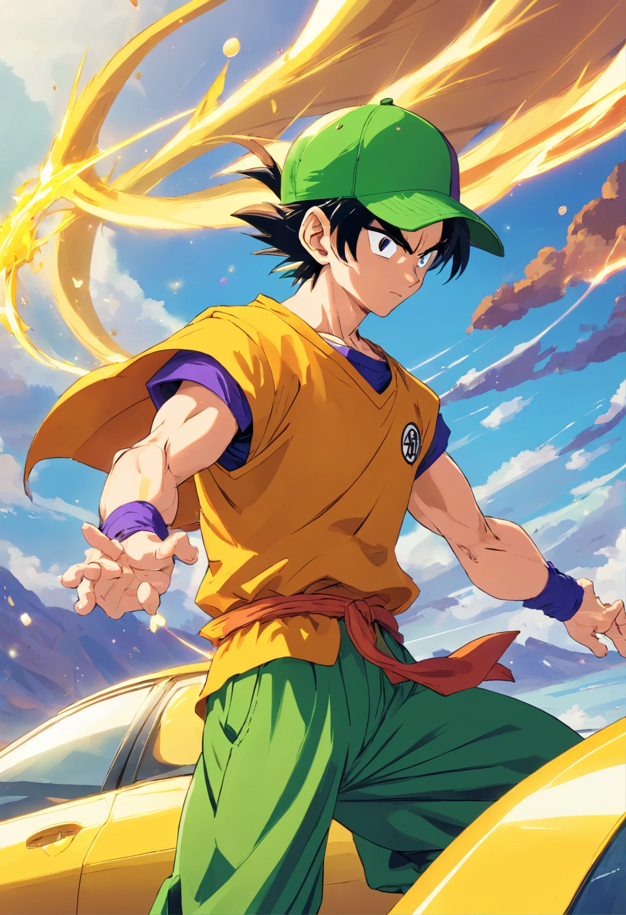 "Piccolo Dragon Ball Z, detalhado, wearing a cap and a yellow shirt, dirigindo um carro."