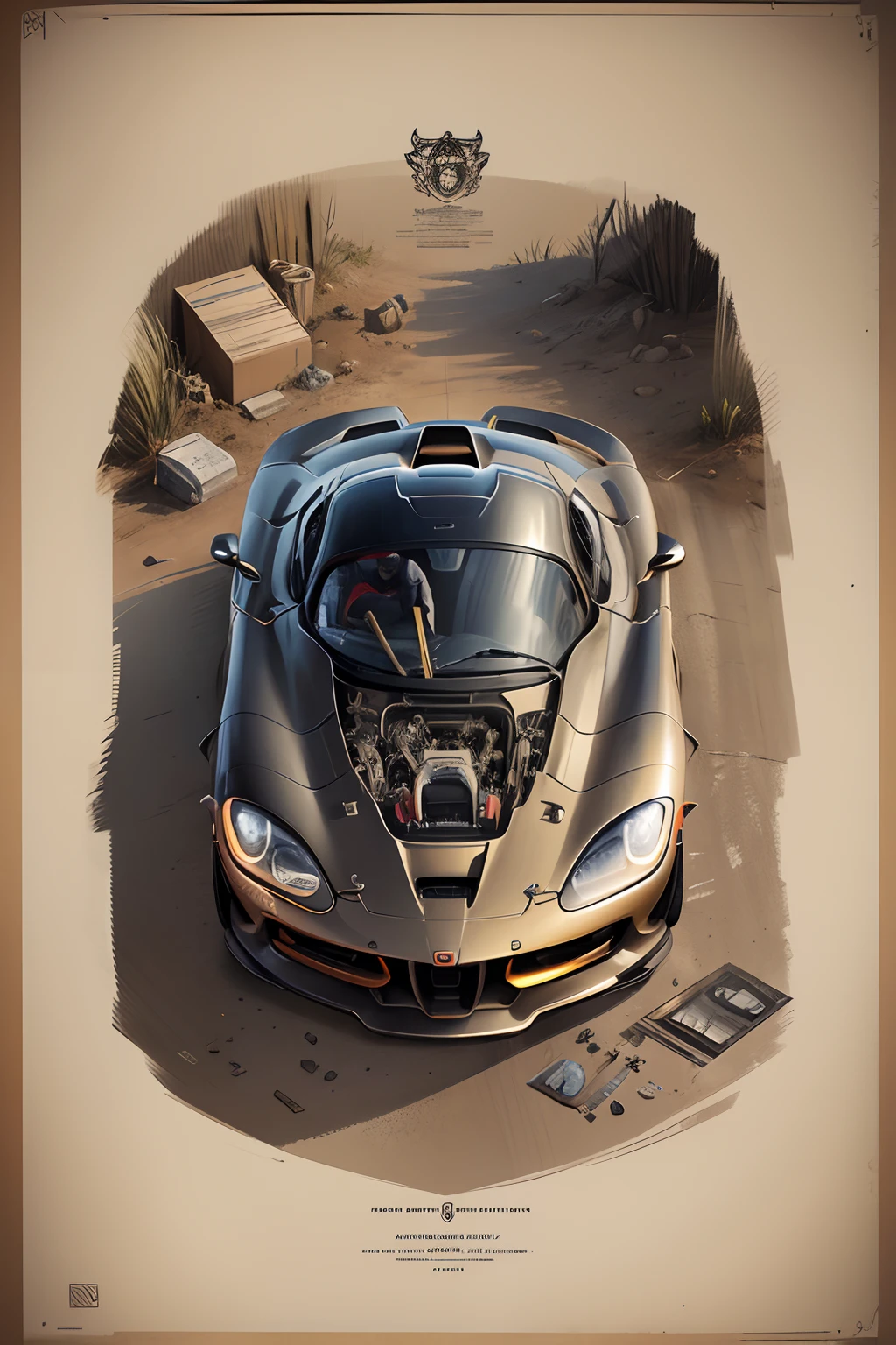 Anatomical illustration of a dodge viper , Poster of mechanical drawings, grabado, alto detalle, illustration, cartel, DarkFantasy