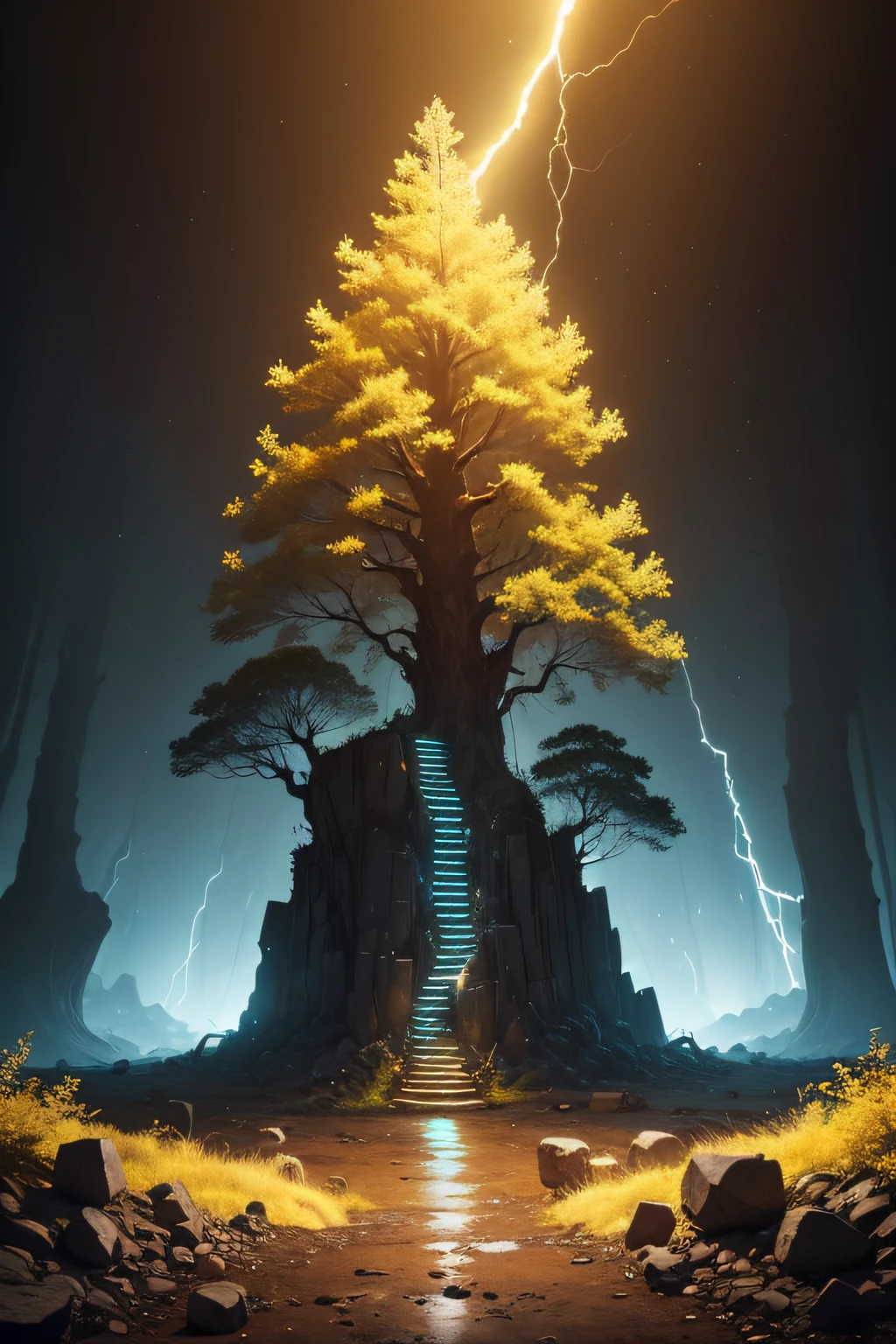 The dilapidated mine cave is a tree，Shines golden，An ancient tree that glows yellow，at centre，shock，big vista，Countless ores，Glowing with multicolored light