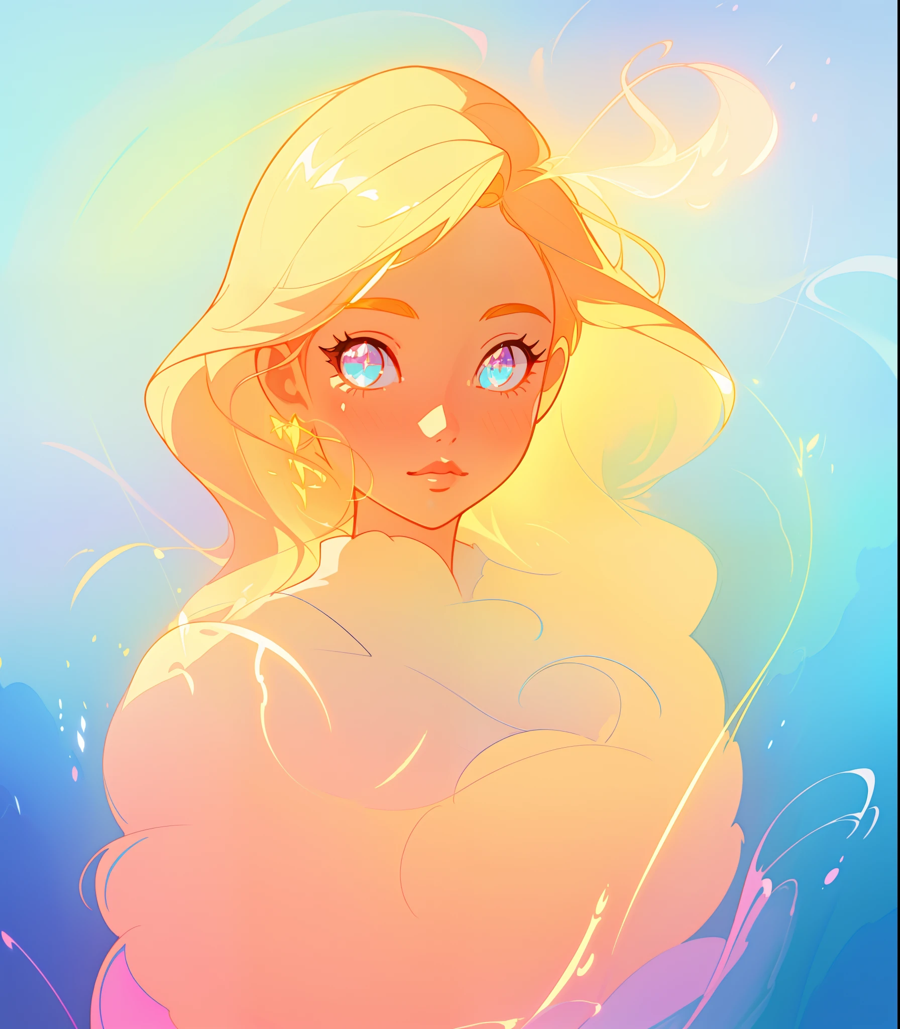 beautiful flowing dress, beautiful anime girl, portrait, vibrant pastel colors, (colorful), magical lights, flowing golden hair, liquid lines of light, inspired by Glen Keane, inspired by Lois van Baarle, disney art style, by Lois van Baarle, glowing aura around her, by Glen Keane, jen bartel, glowing lights! digital painting, flowing glowing hair, glowing flowing hair, beautiful digital illustration, fantasia background, whimsical, magical, fantasy, beautiful face, ((masterpiece, best quality)), intricate details, highly detailed, sharp focus, 8k resolution, sparkling detailed eyes, liquid watercolor