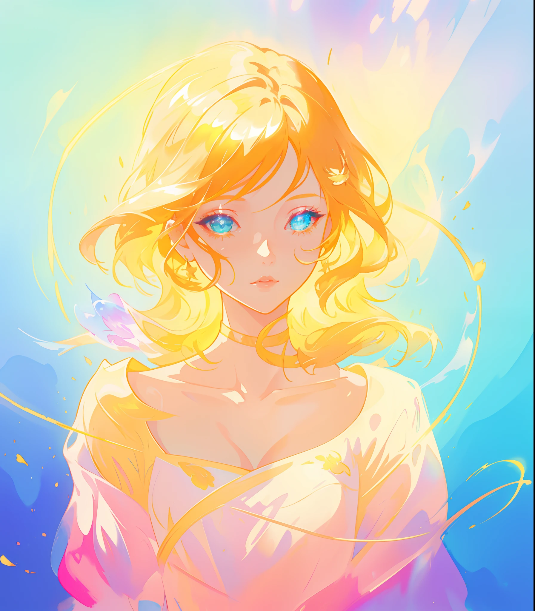 beautiful flowing dress, beautiful anime girl, portrait, vibrant pastel colors, (colorful), magical lights, flowing golden hair, liquid lines of light, inspired by Glen Keane, inspired by Lois van Baarle, disney art style, by Lois van Baarle, glowing aura around her, by Glen Keane, jen bartel, glowing lights! digital painting, flowing glowing hair, glowing flowing hair, beautiful digital illustration, fantasia background, whimsical, magical, fantasy, beautiful face, ((masterpiece, best quality)), intricate details, highly detailed, sharp focus, 8k resolution, sparkling detailed eyes, liquid watercolor
