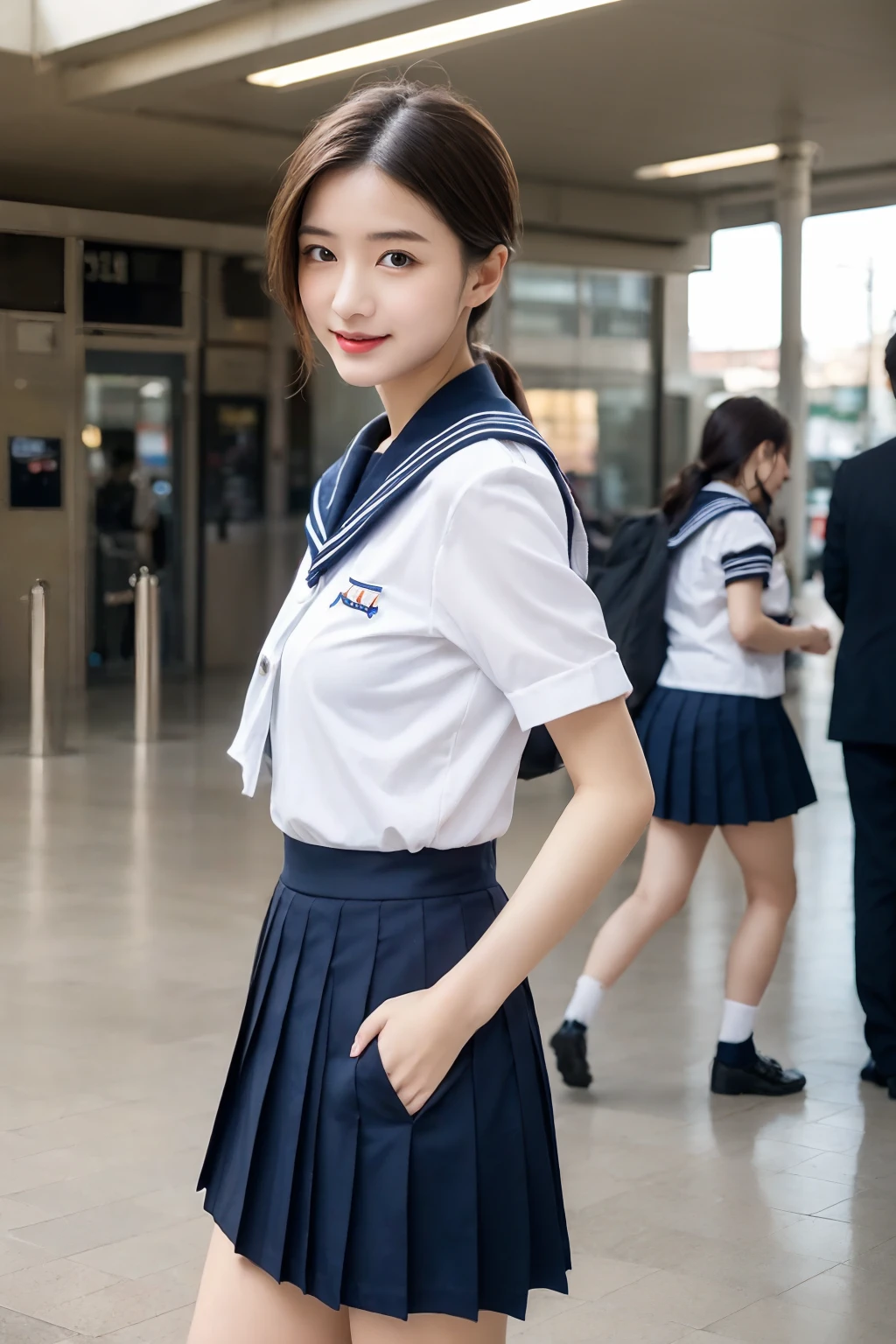top-quality,ultra-detailliert,masterpiece,realisitic,Photo Real,1 girl in, an extremely beautiful 17-year-old girl, (kawaii:1.2),Thin smile, (Brown eyes),(brown haired),(bangss),perfect glossy skin,flawless skin,((Human Realistic Skin)),((Precise hands and fingers)), Colossal tits,(pointed Nipple:1.5),big breasts thin waist, ((a sailor suit)),((Short sleeve uniform white shirt)),(red necktie),(Blue Mini Pleated Skirt),sockes, (Black knee socks),(Loafer shoes), during daytime,Photographing the whole body at a train station in Tokyo:1.6,