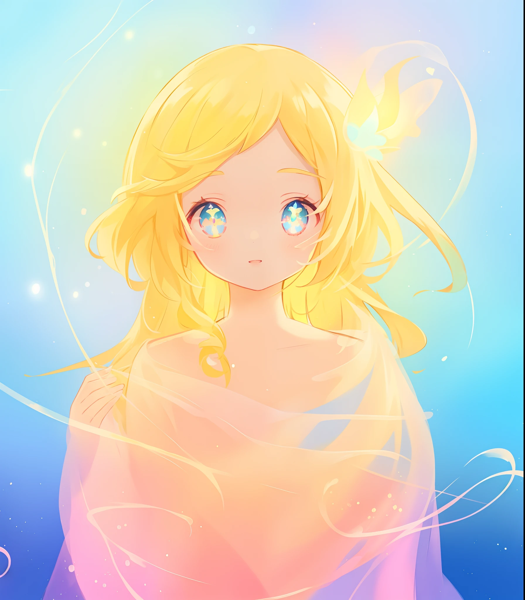 beautiful flowing dress, beautiful anime girl, portrait, vibrant pastel colors, (colorful), magical lights, flowing golden hair, liquid lines of light, inspired by Glen Keane, inspired by Lois van Baarle, disney art style, by Lois van Baarle, glowing aura around her, by Glen Keane, jen bartel, glowing lights! digital painting, flowing glowing hair, glowing flowing hair, beautiful digital illustration, fantasia background, whimsical, magical, fantasy, beautiful face, ((masterpiece, best quality)), intricate details, highly detailed, sharp focus, 8k resolution, sparkling detailed eyes, liquid watercolor