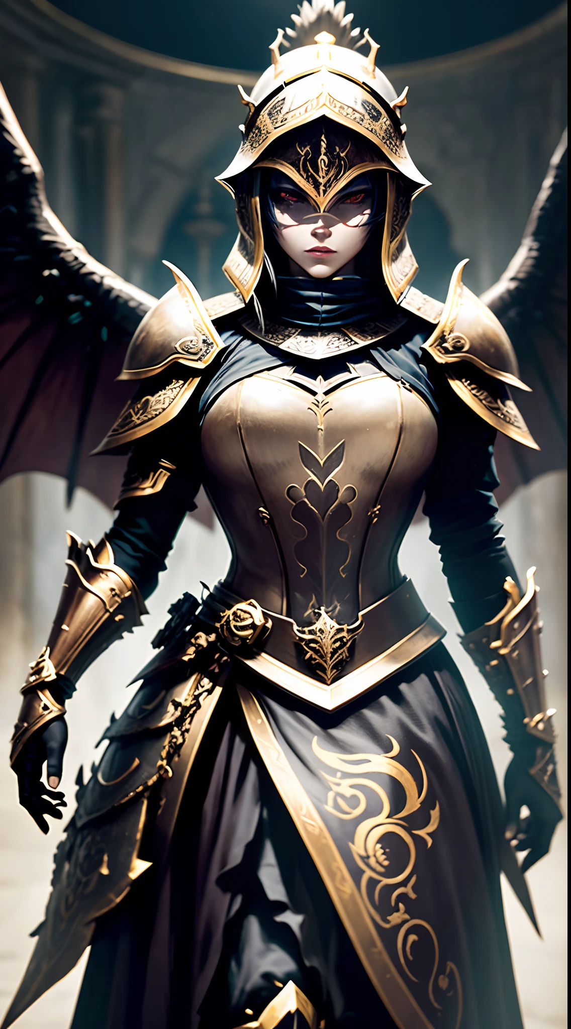 guerrero, Concepto-Arte, autor:Kishiganku, fantasy art, Antecedentes del templo zen, Renderizado limpio, un, Usa una armadura, Bushido detallado forma humo, Casco de una deidad olvidada, character is standing, 8K realista, renderizado en el juego, Detalle detallado del fondo de la cara, Portada de Art Station, toro, Pseudo-medieval fantasy, Una deidad con armadura koi, Armadura de bronce detallada, Armadura de bronce, Armadura grabada en oro, Armadura de obsidiana dorada, Armadura de oro claro, Hermosa armadura de filigrana, A demonic warrior, Hermosa armadura llena de espinas, intrincada armadura de Assasin, intrincada armadura de metal, Poderoso guerrero, Vestido con una hermosa armadura dorada,Decorado con patrones intrincados, El casco tiene una gran corona y dos cuernos,Ojos rojos brillantes, Everything is in the dark, Smoky background hints at the battle scene, Add a sinister aura to your character,The demon giant demonic wings of the demon,submission, Toma de cuerpo completo.