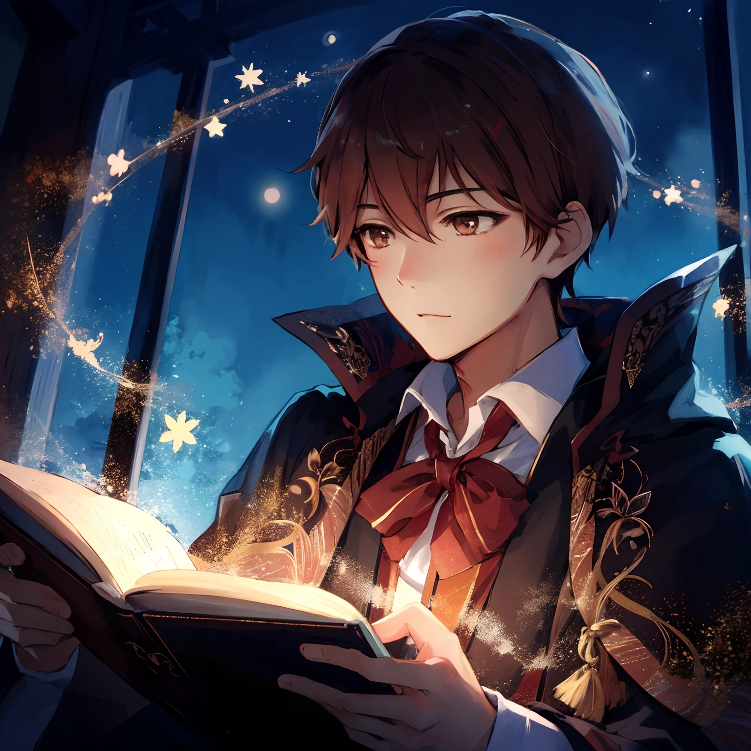 Japanese anime, beautiful young man, chestnut color, short hair, wizard clothes, reading glowing magic picture books, room at night,high quality, amount of drawing, pixiv illustration