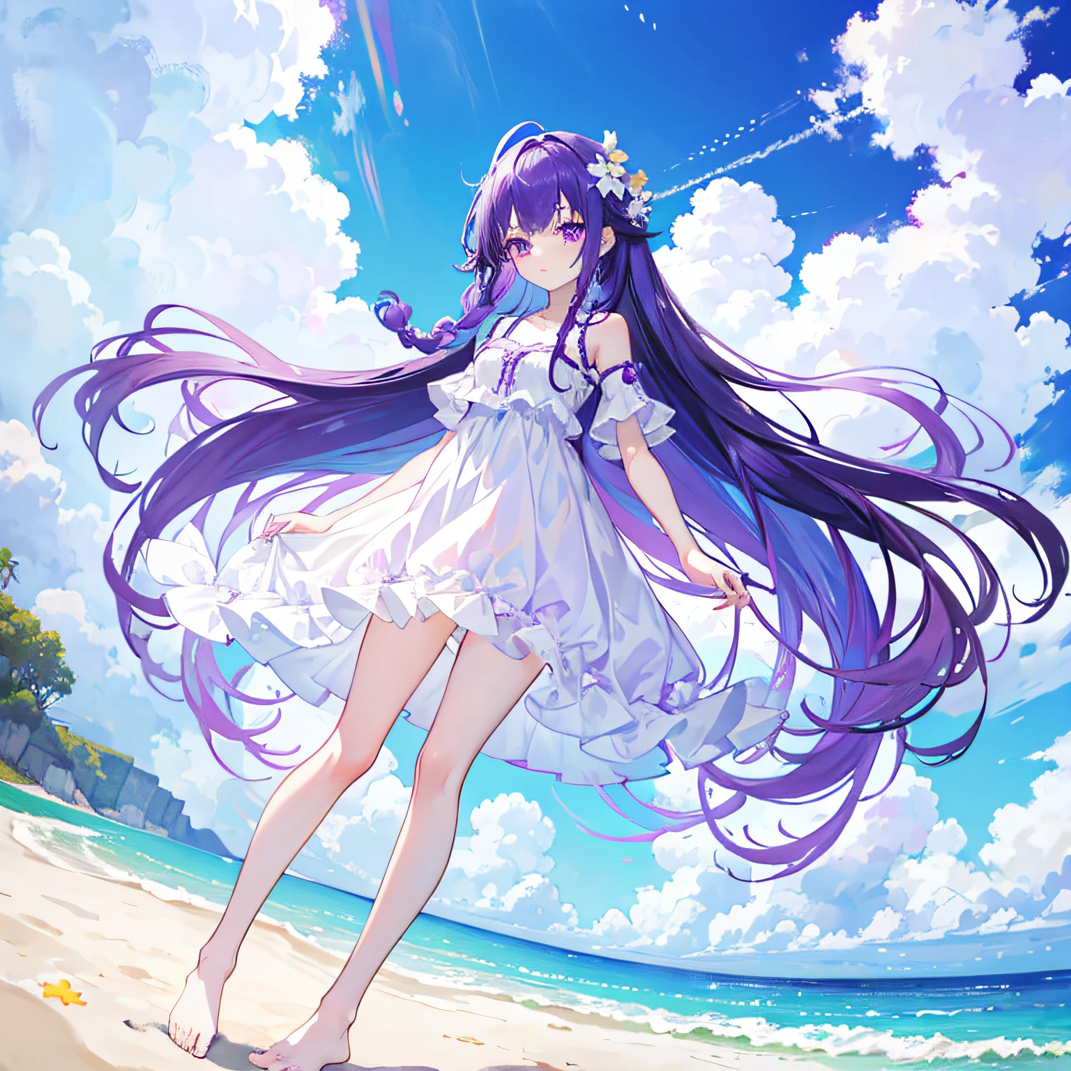 Purple colored hair，long whitr hair，Purple eyes，Twist braids，adolable，teens girl，Wear a long white dress，There are no shoes on the feet，full-body photo on the front，All body，Fingers and arms are not exposed，Background sandy beach，with blue sky and white clouds，Flowers