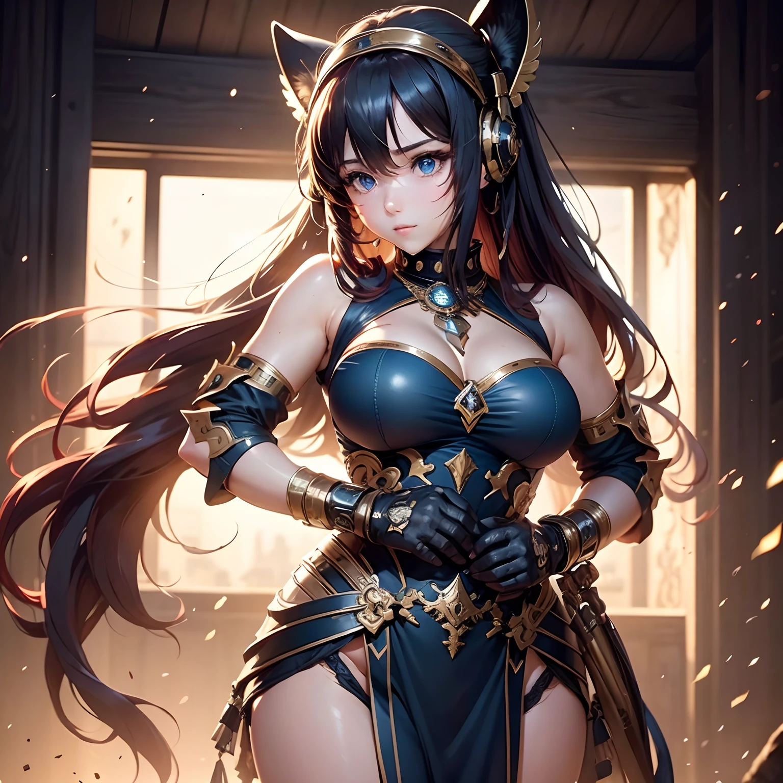 8k, masterpiece, best quality, realistic, higly detailed, cowboy shot, 1girl, solo, miku, emotionless looking girl, medium-length red hair, strands of hair hanging over the right side of her face, a set of wireless headphones that have a triangle-shaped logo on the ear cups around her neck, dark blue eyes, average height, well-endowed figure, large breasts, bangs cover her right eye, Egyptian Goddess