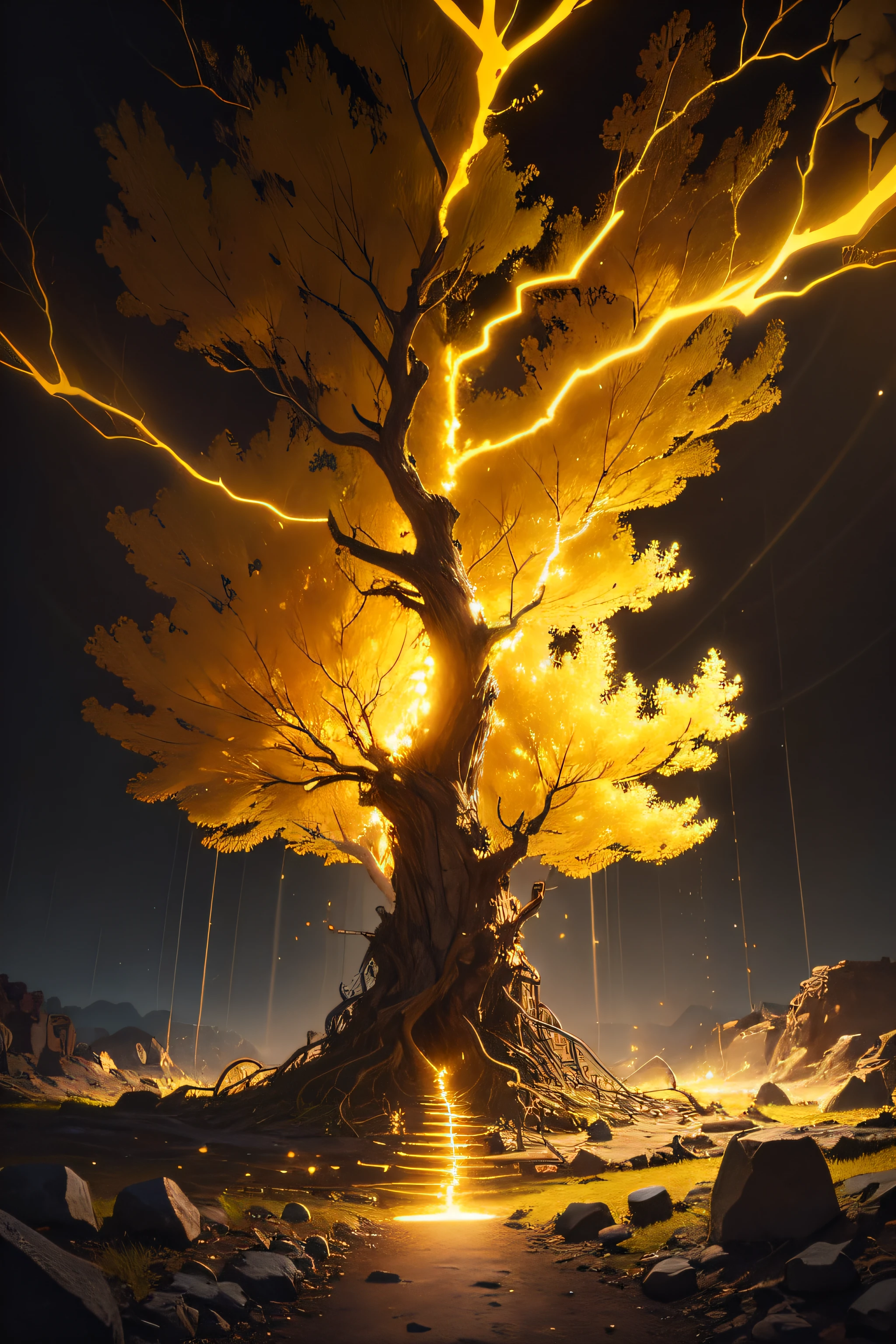 The dilapidated mine cave is a tree,Shines golden,An ancient tree that glows yellow,at centre,shock,big vista,Countless ores,Glowing with multicolored light