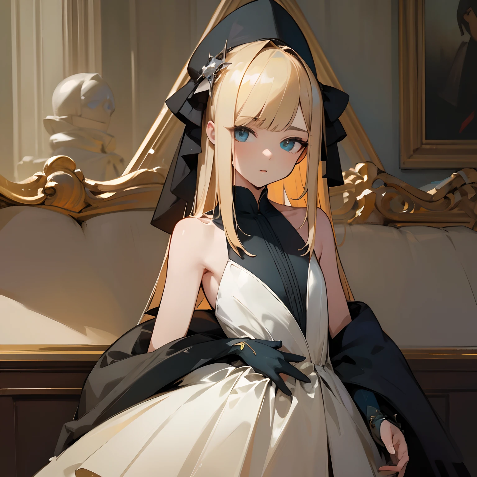 Reines, 1girl, high quality, best quality, illustration, masterpiece, (highly detailed:1.2), (extremely detailed:1.3), flat chest, bare shoulders, pastor's clothes, young girl, dress, looking at viewers