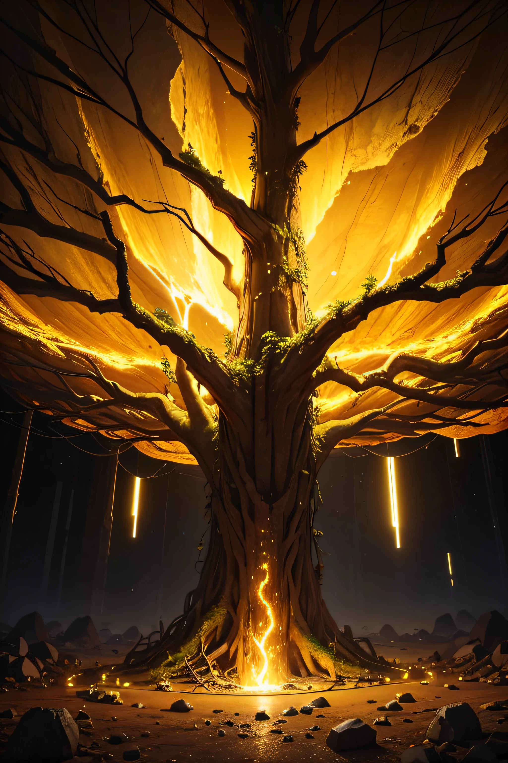 The dilapidated mine cave is a tree,Shines golden,An ancient tree that glows yellow,at centre,shock,big vista,Countless ores,Glowing with multicolored light